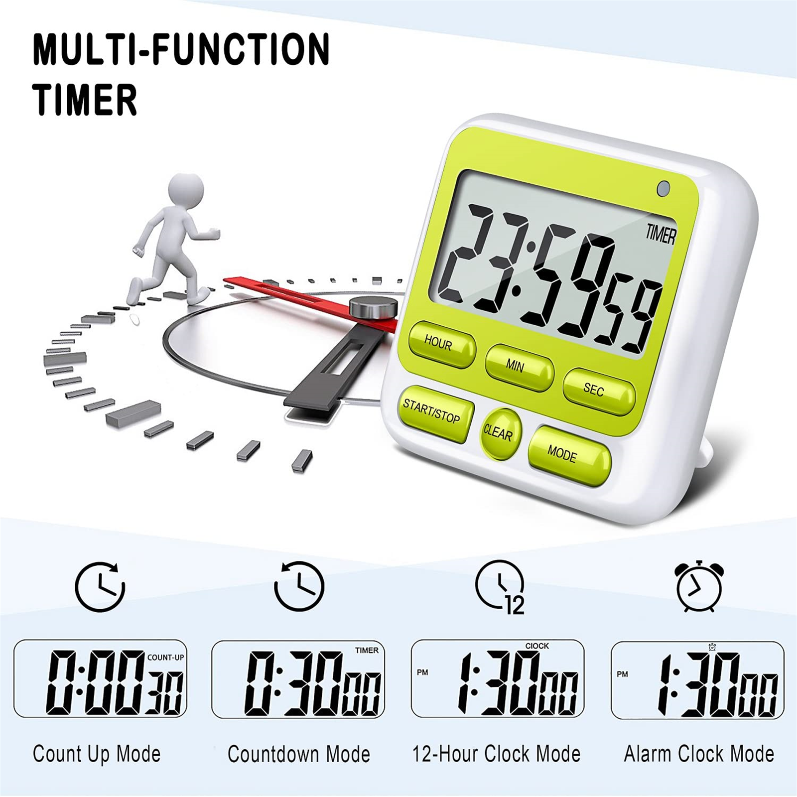 Ein Multifunktions-Timer mit LCD-Anzeige, die Zeit und verschiedene Modustasten zeigt.