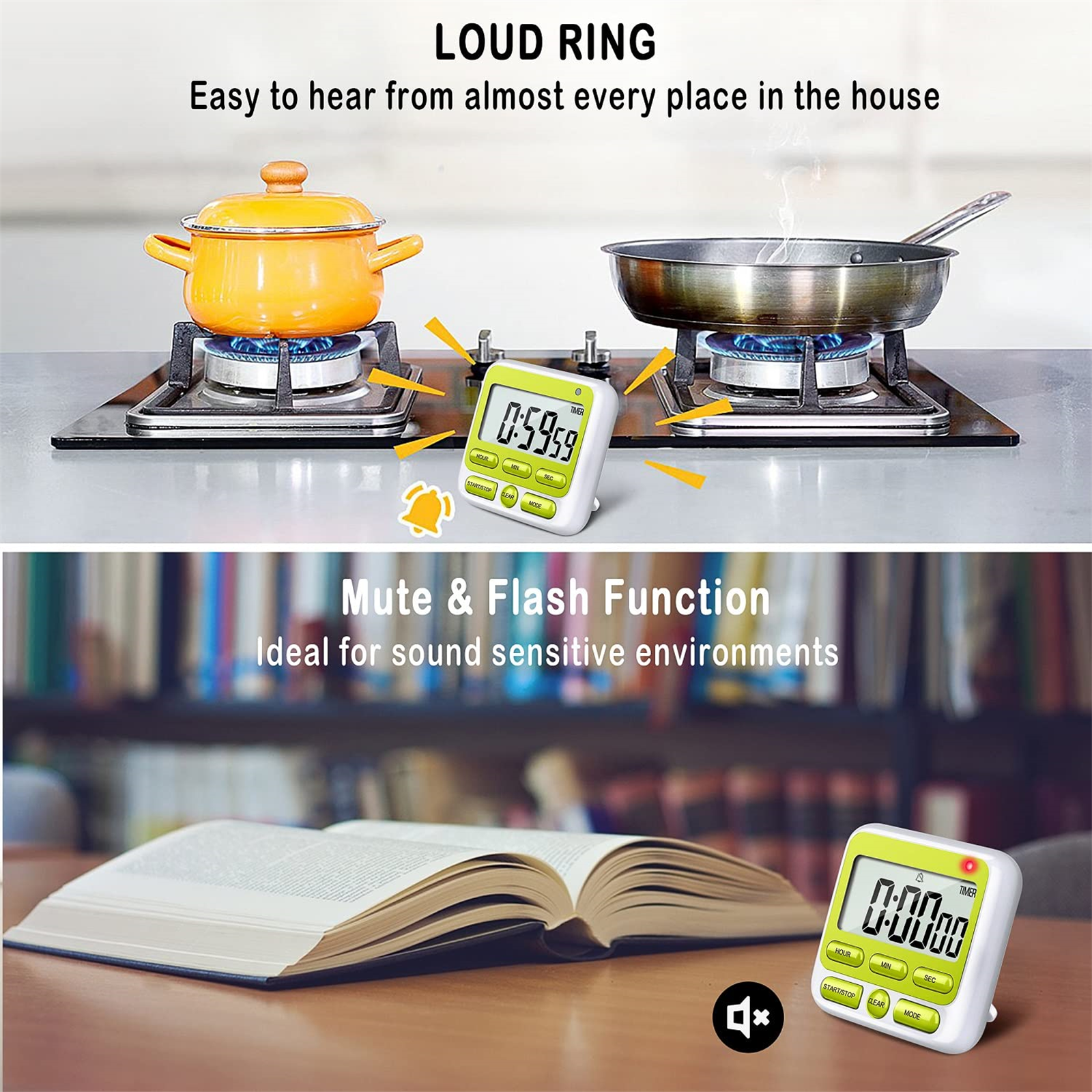 Küchentimer mit Topf und Pfanne auf dem Herd. Ein Buch und ein Timer sind ebenfalls abgebildet.