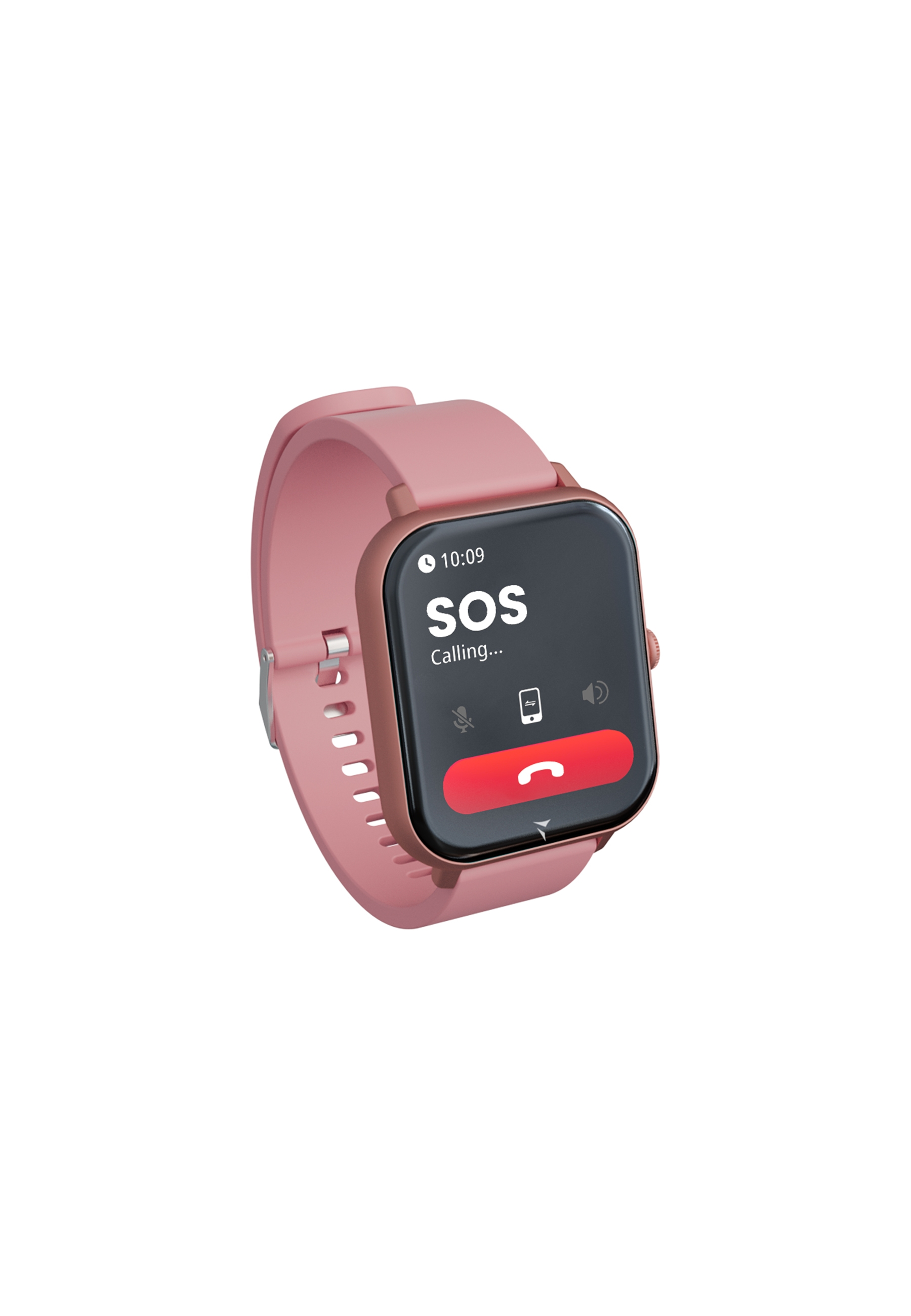 Une montre intelligente rose affichant un appel SOS avec le bouton d'appel mis en évidence.