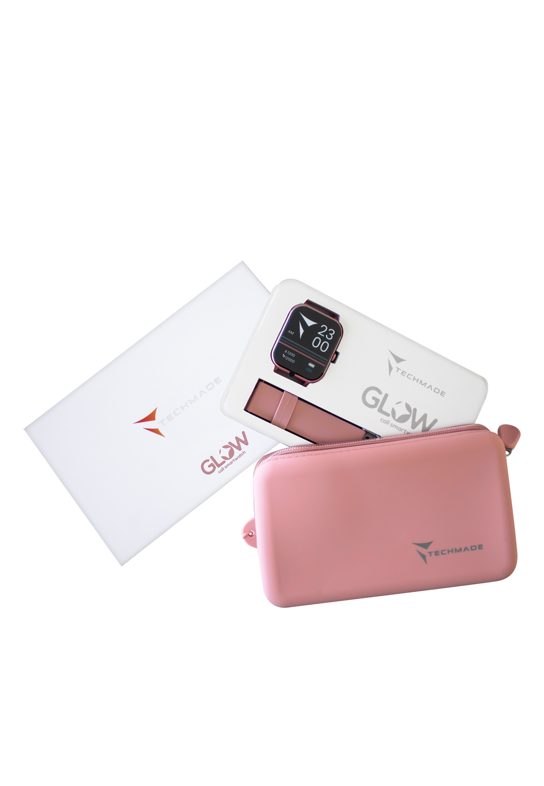 Une trousse de voyage rose avec une montre, une boîte et une pochette. La montre a un bracelet rose.