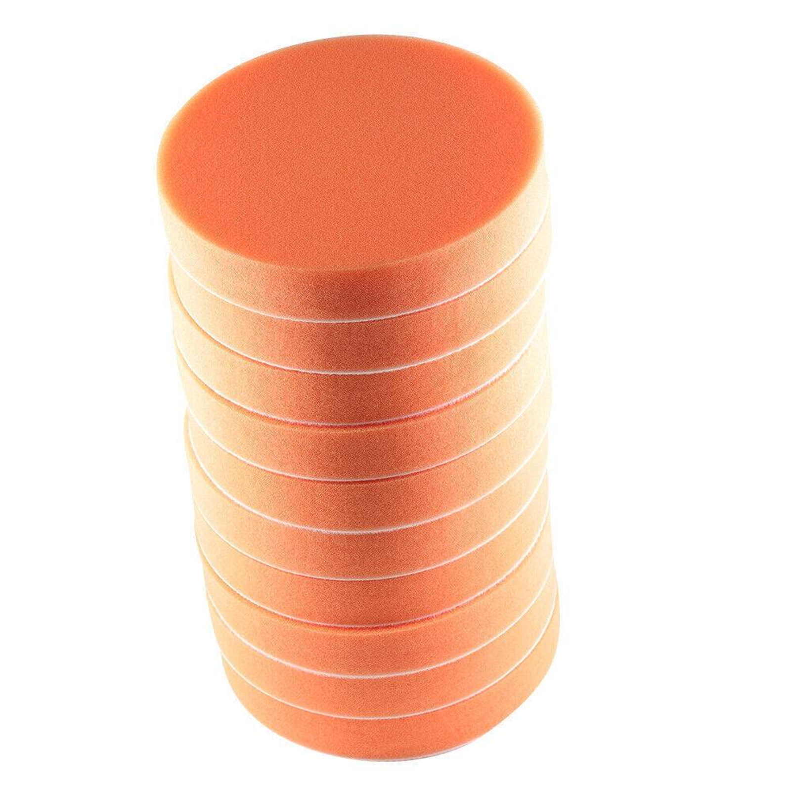 Ein Stapel von acht orangefarbenen Schaumstoffpads. Sie sind rund und haben weiße Ränder.