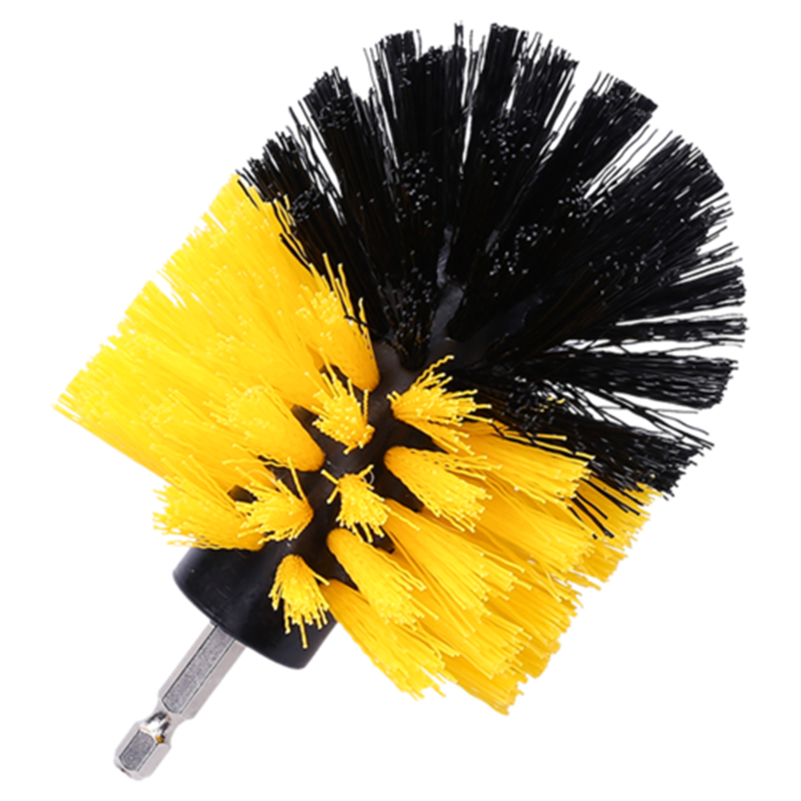 Eine gelb-schwarze Toilettenschüssel-Reinigungsbürste mit sechseckigem Griff, auf weißem Hintergrund.