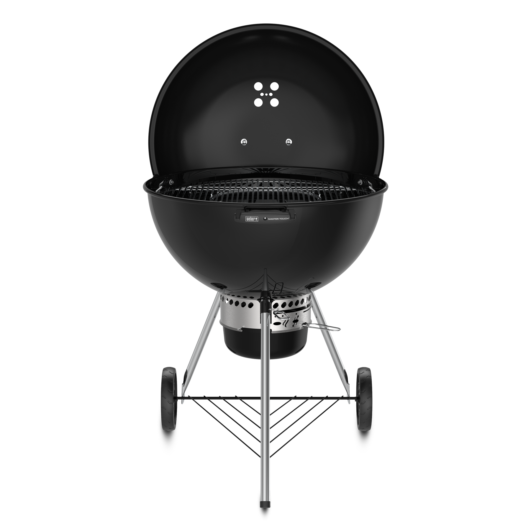 Schwarzer Weber-Grill mit offenem Deckel auf schwarzem Hintergrund. Es hat Räder.