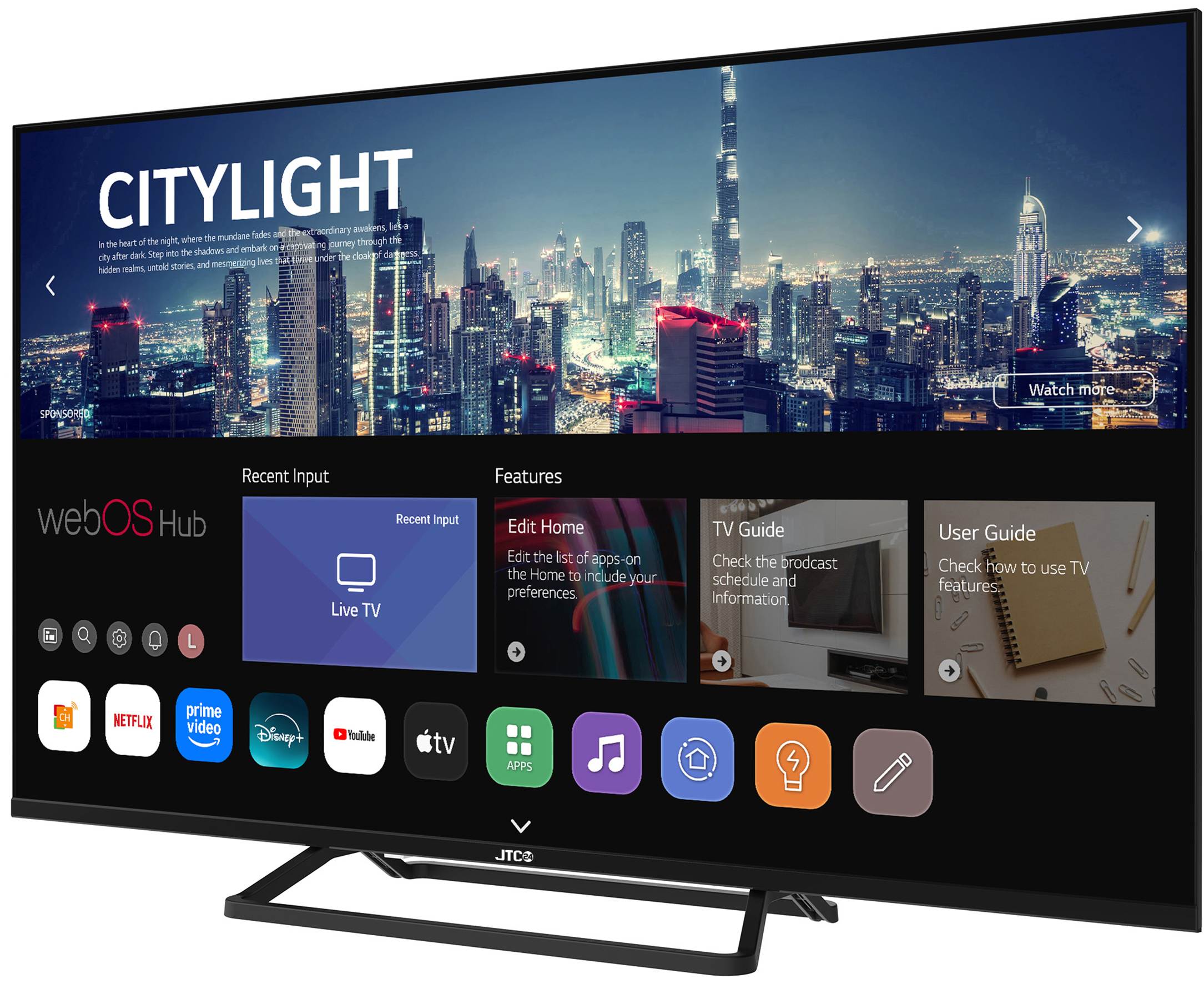 Ein großer Fernseher, der eine Stadtlandschaft mit dem Text "CITYLIGHT" und der webOS Hub-Oberfläche anzeigt.
