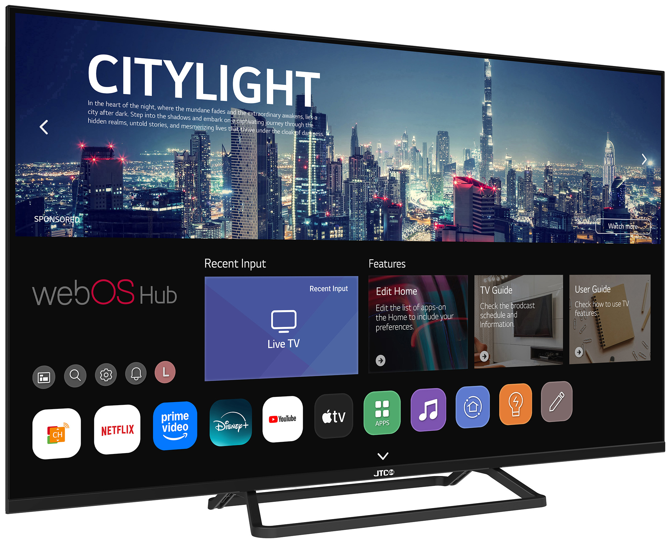 Ein großer Fernsehbildschirm zeigt eine Stadtlandschaft bei Nacht. Der Bildschirm zeigt App-Symbole für verschiedene Streaming-Dienste.
