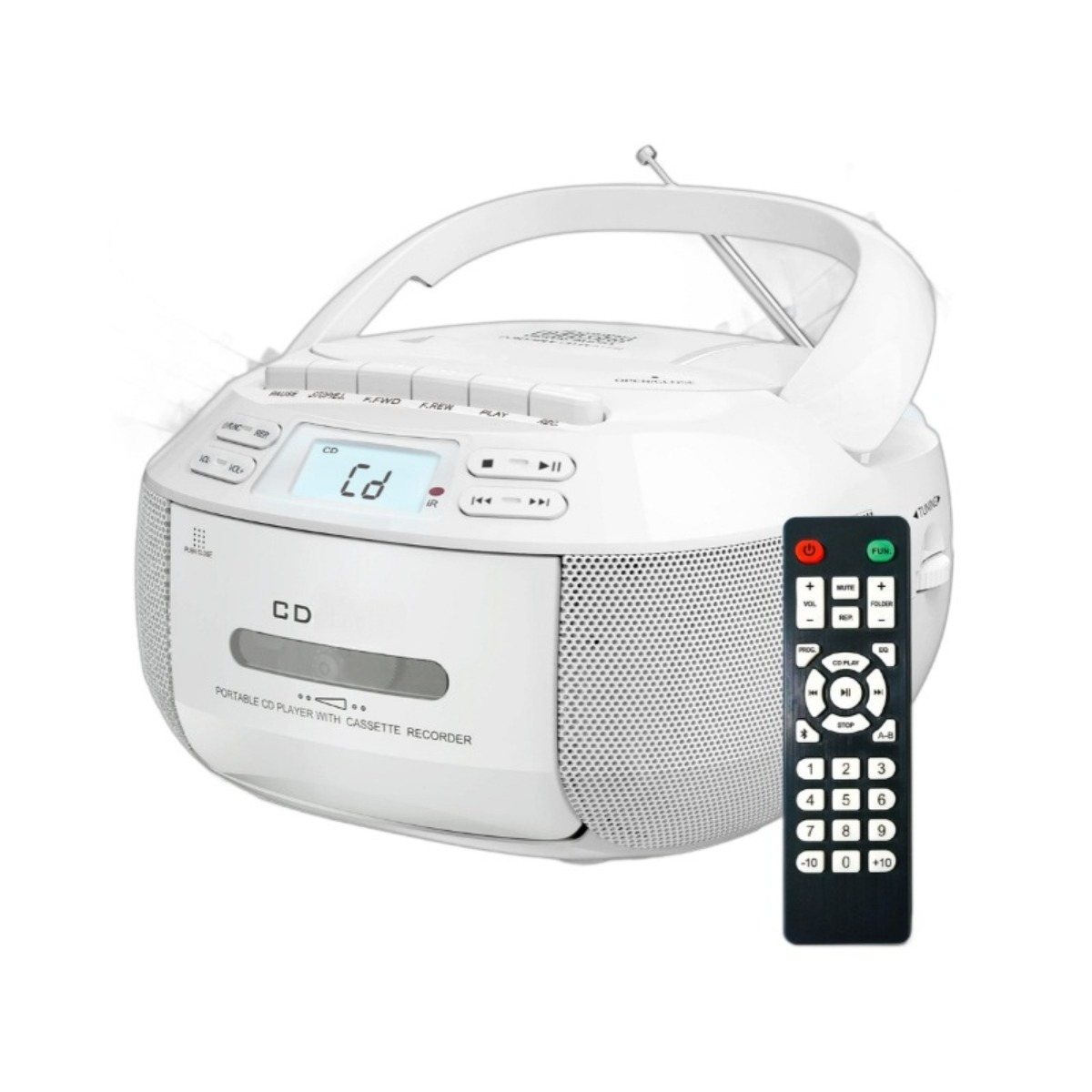 Weißer tragbarer CD-Player mit Radio, Fernbedienung und Knöpfen.