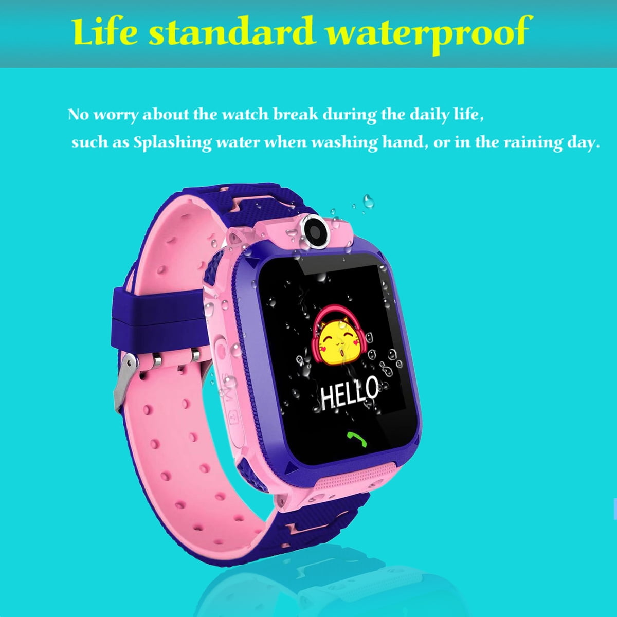Eine rosa und blaue Smartwatch mit einem Hallo-Bildschirm, Wassertröpfchen drumherum, auf hellem Hintergrund.