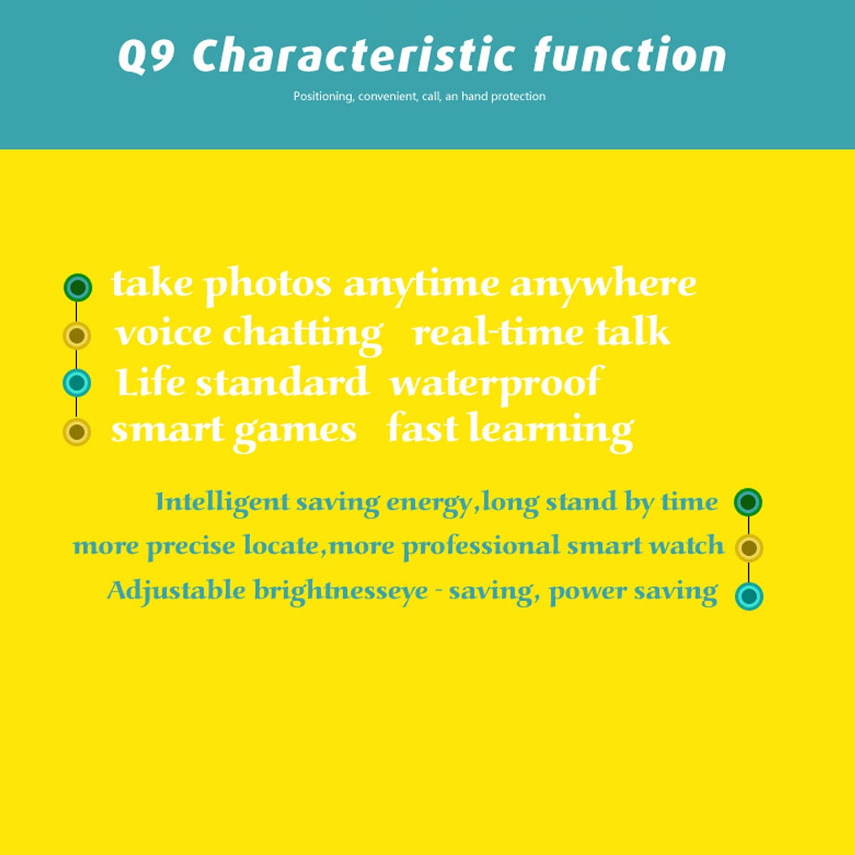 Gelber Hintergrund mit Smartwatch-Funktionen. Text beinhaltet Foto, Sprachchat, wasserdicht und intelligente Spiele.