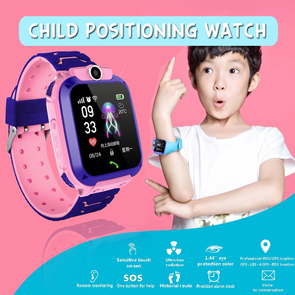 Kinder-Smartwatch, die Zeit und Standort anzeigt.