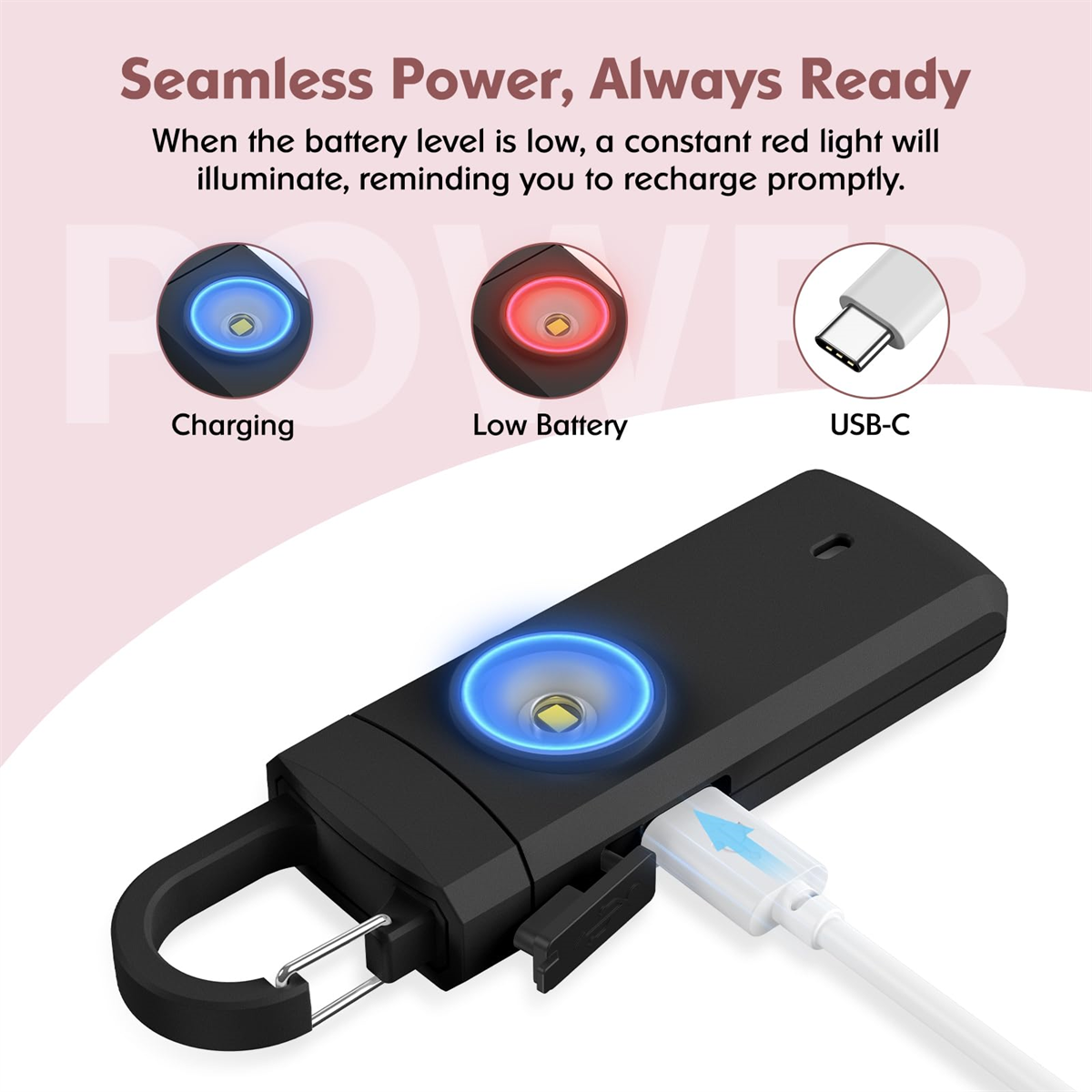 Schwarzes Gerät mit USB-C-Ladeanzeige und einem USB-C-Kabel.