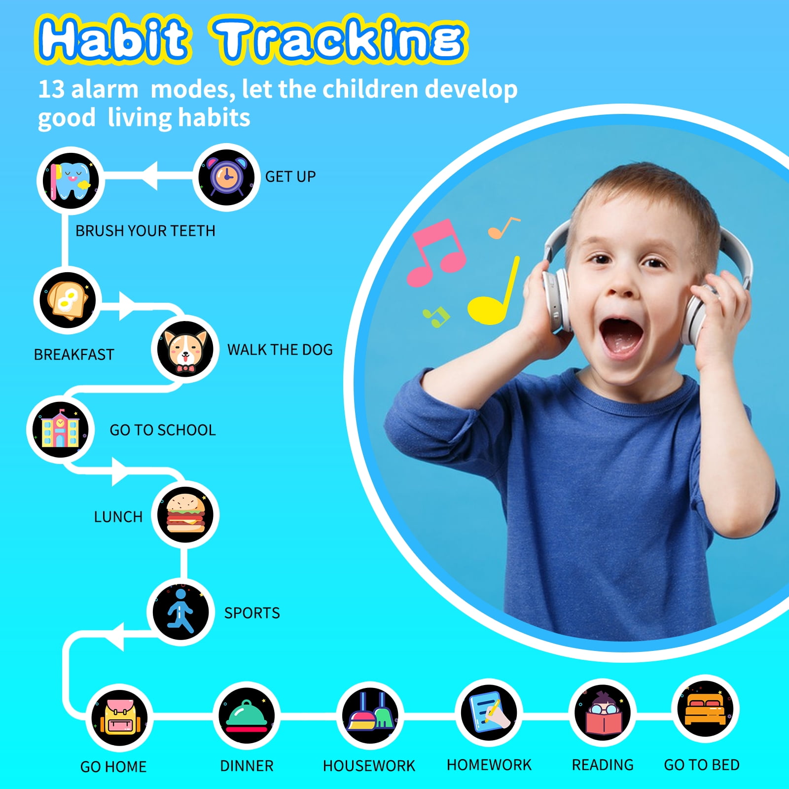 Ein Kind mit Kopfhörern, mit Illustrationen von täglichen Routinen. Text: Habit Tracking, 13 Alarmmodi.