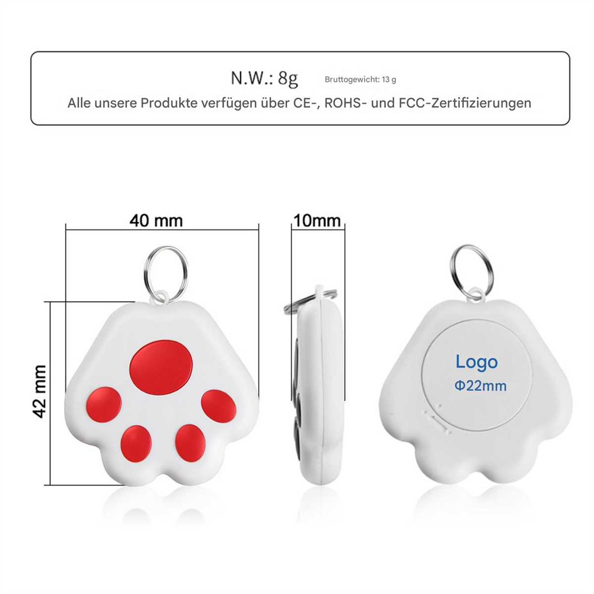 Weißer Haustier-Tracker mit roten Pfotenabdrücken und rotem Knopf, mit Abmessungen.
