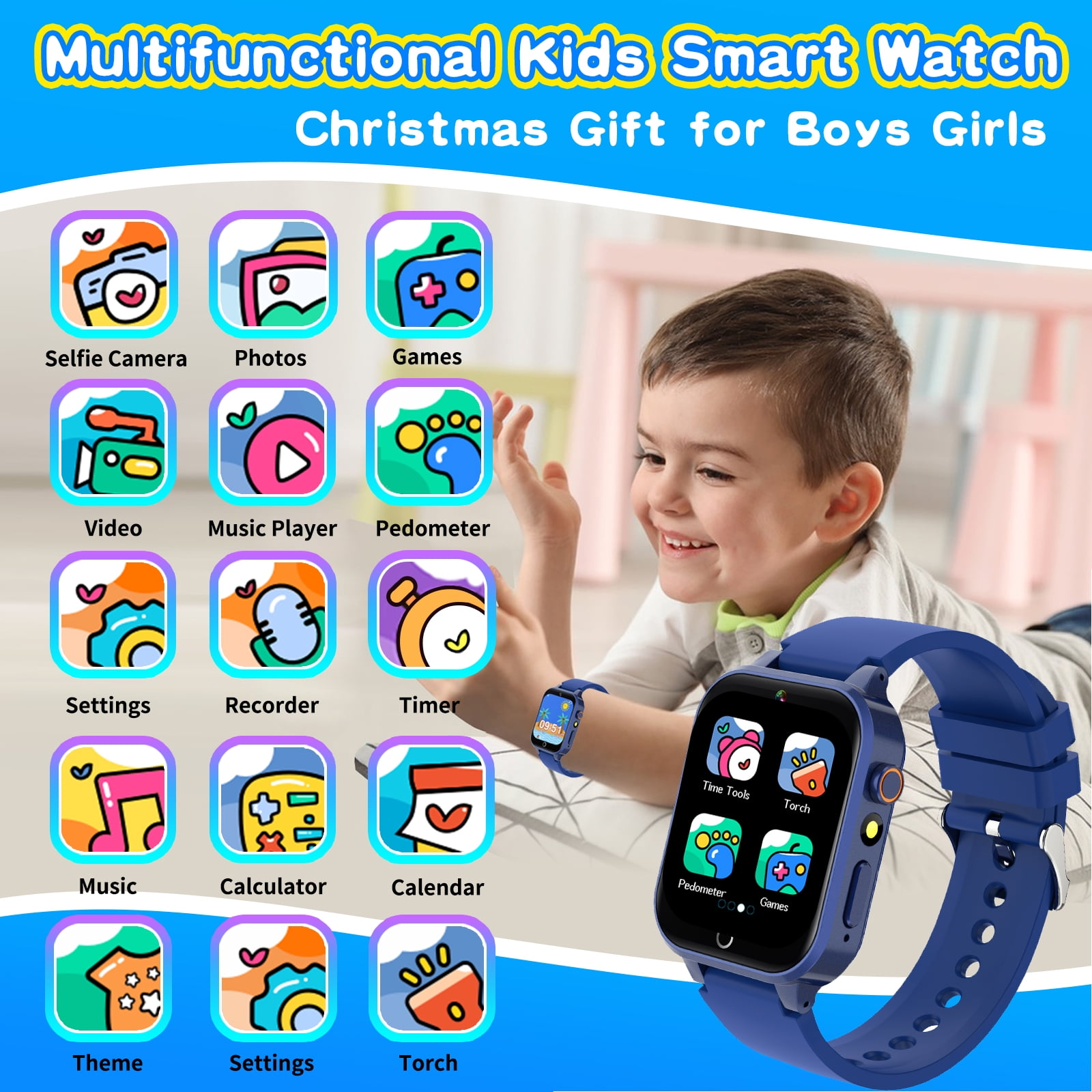 Ein Junge lächelt neben einer Smartwatch mit Symbolen für Kamera, Spiele und andere Apps.