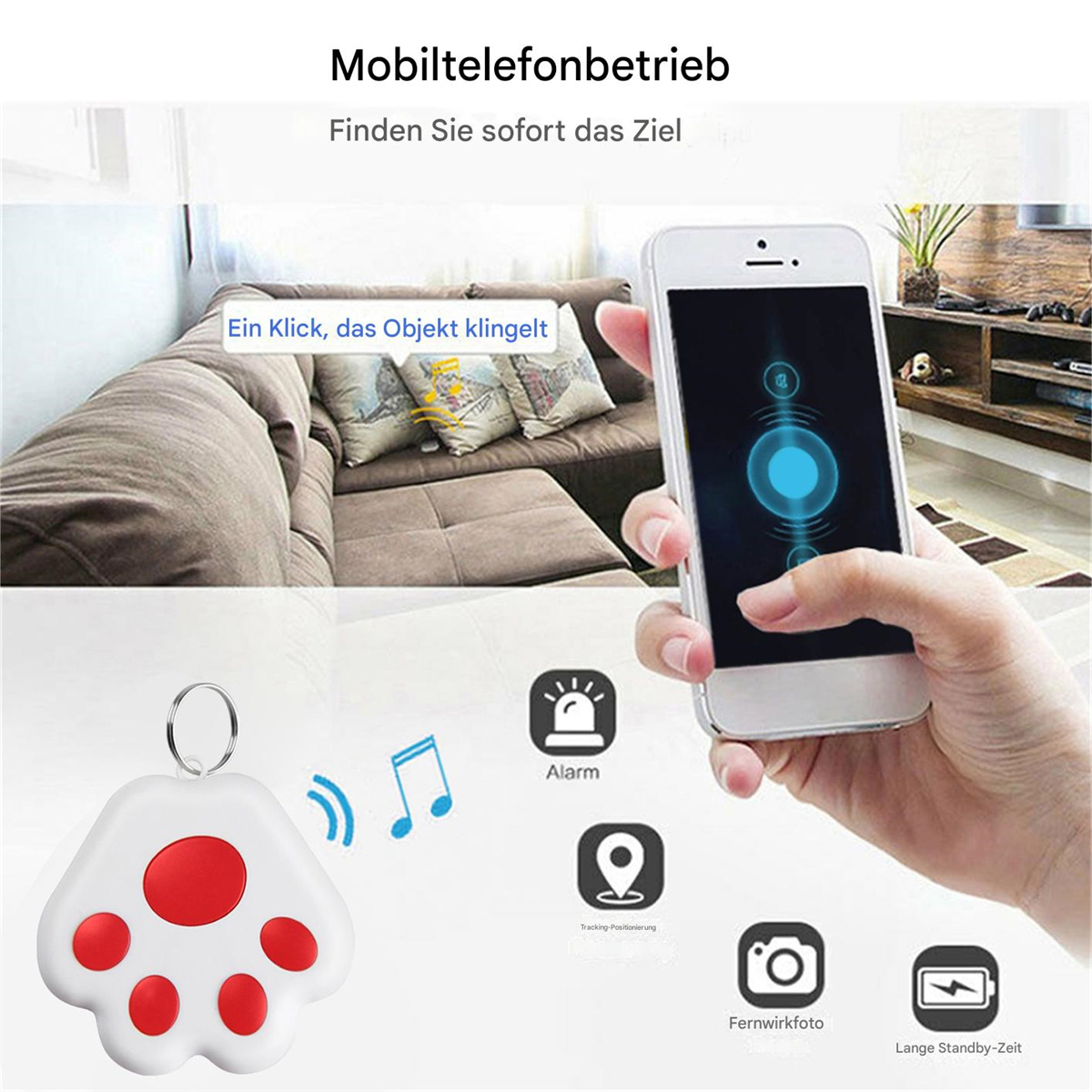 Ein Telefon und ein pfotenförmiger Tracker. Symbole für Alarm, Standort, Kamera und Standby.