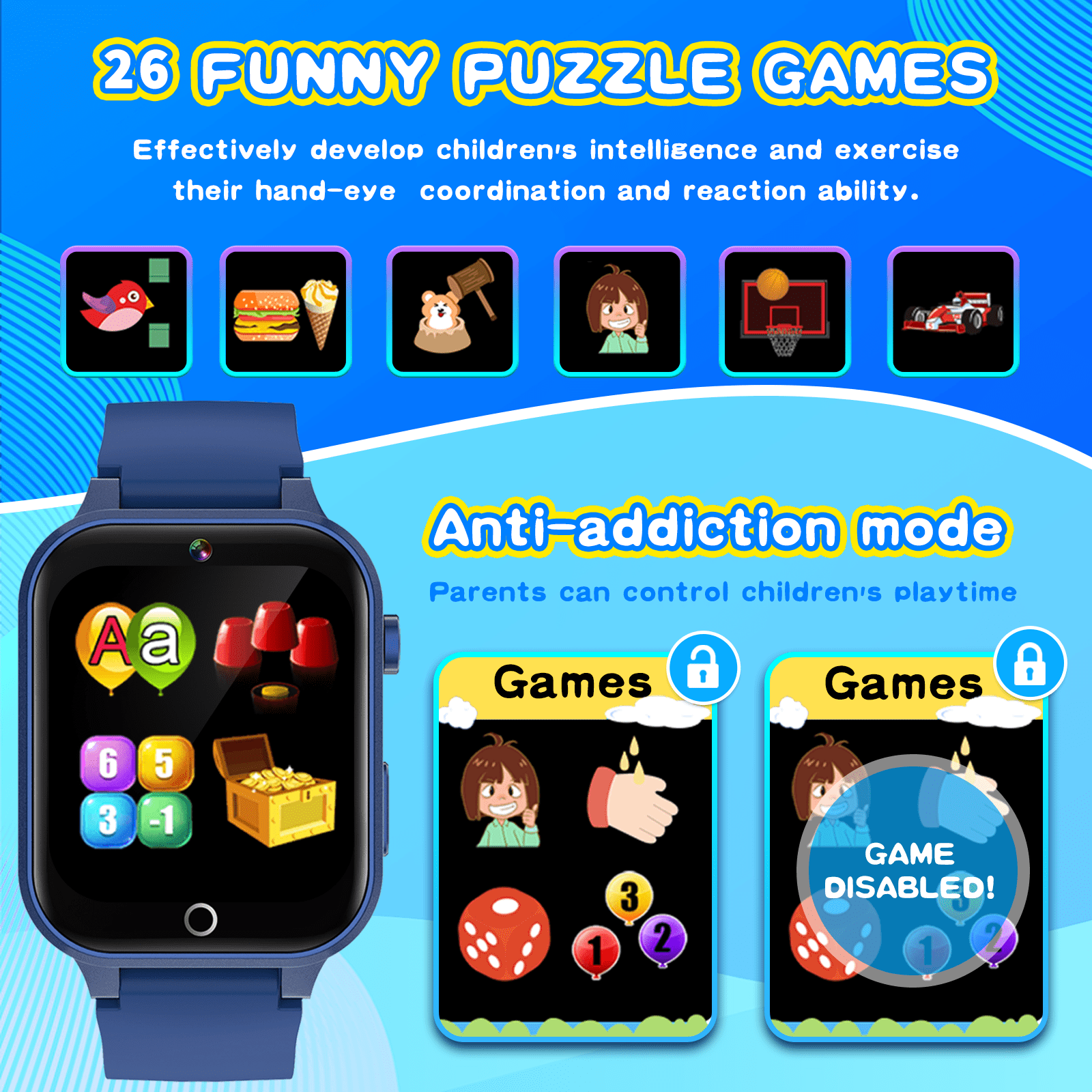 Eine blaue Smartwatch für Kinder mit Cartoon-Spielen auf dem Display. Der Hintergrund ist eine bunte Illustration.