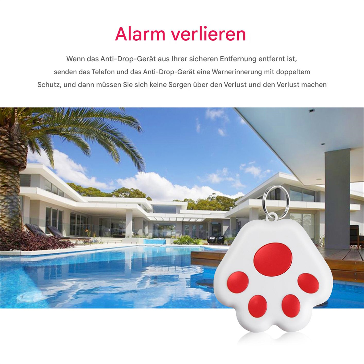 Weißes pfotenförmiges Gerät in der Nähe eines Pools, Text: Alarmverlust, blauer Himmel.