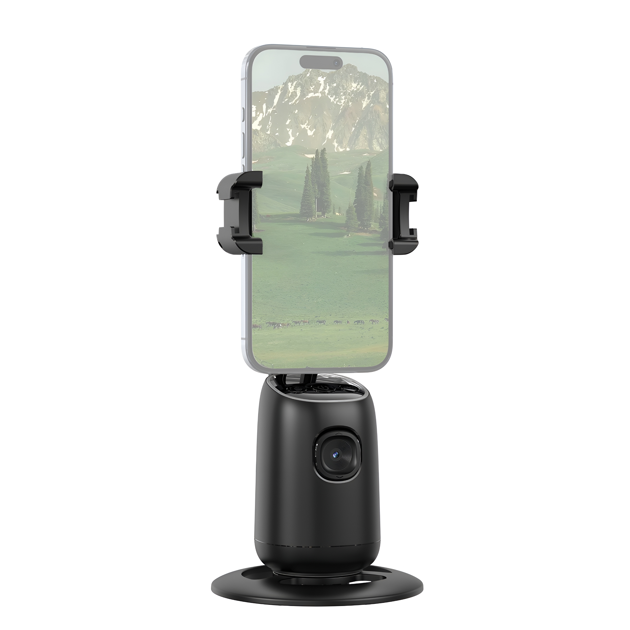 Ein schwarzer Telefonhalter mit einem Telefon, das eine Landschaftsszene zeigt, auf weißem Hintergrund.