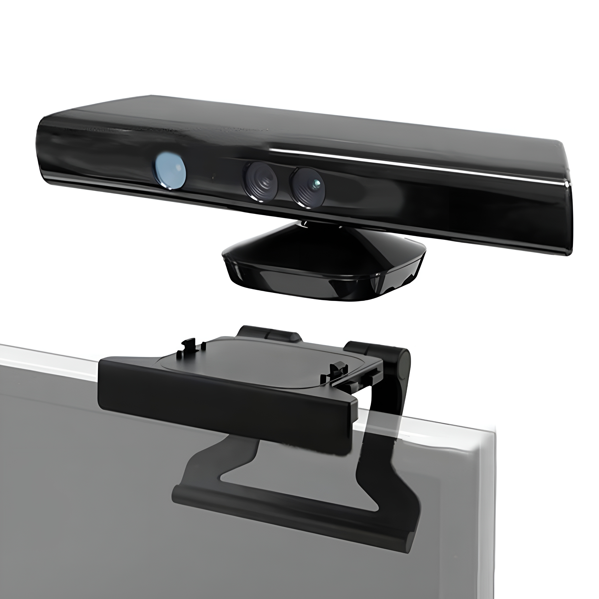 Schwarze Kinect-Kamera für Xbox, mit Clip-Halterung für TV-Bildschirm, weißer Hintergrund.