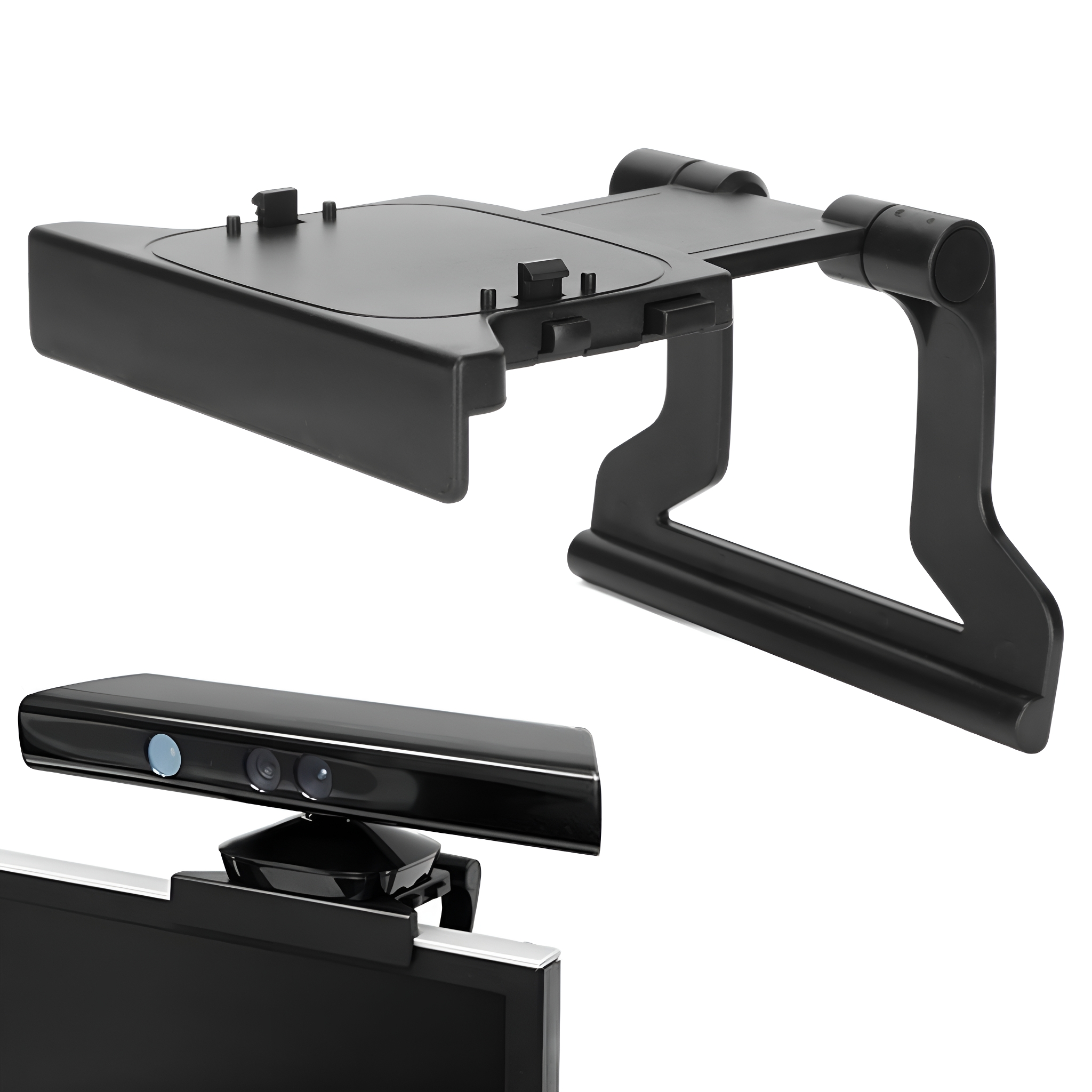 Schwarzes Gerät für Monitor, mit Ablage, und separate Kamera mit Monitor verbunden.