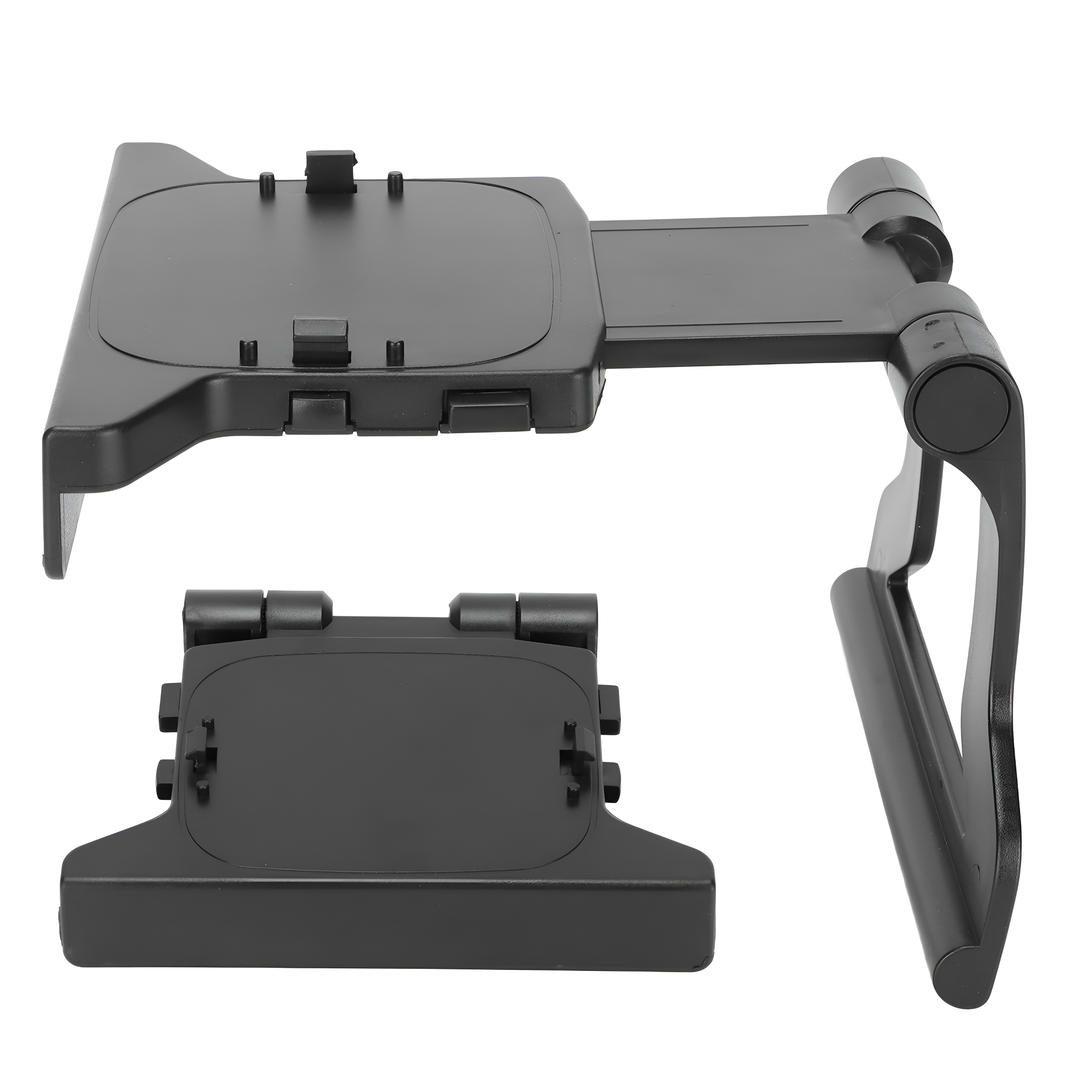 Schwarzer Spielkonsolenständer, zur Aufnahme einer Konsole und eines Controllers, mit verstellbaren Teilen.