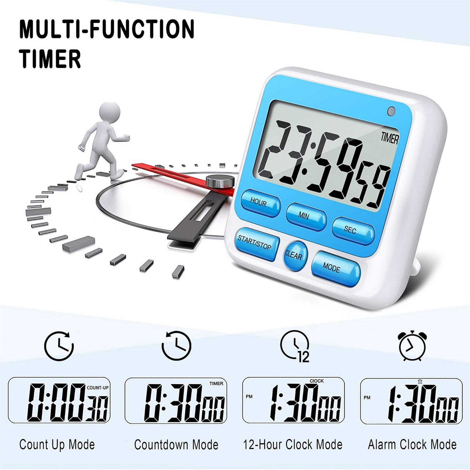 Ein Multifunktions-Timer, der Zeit anzeigt, verschiedene Modi werden darunter angezeigt.