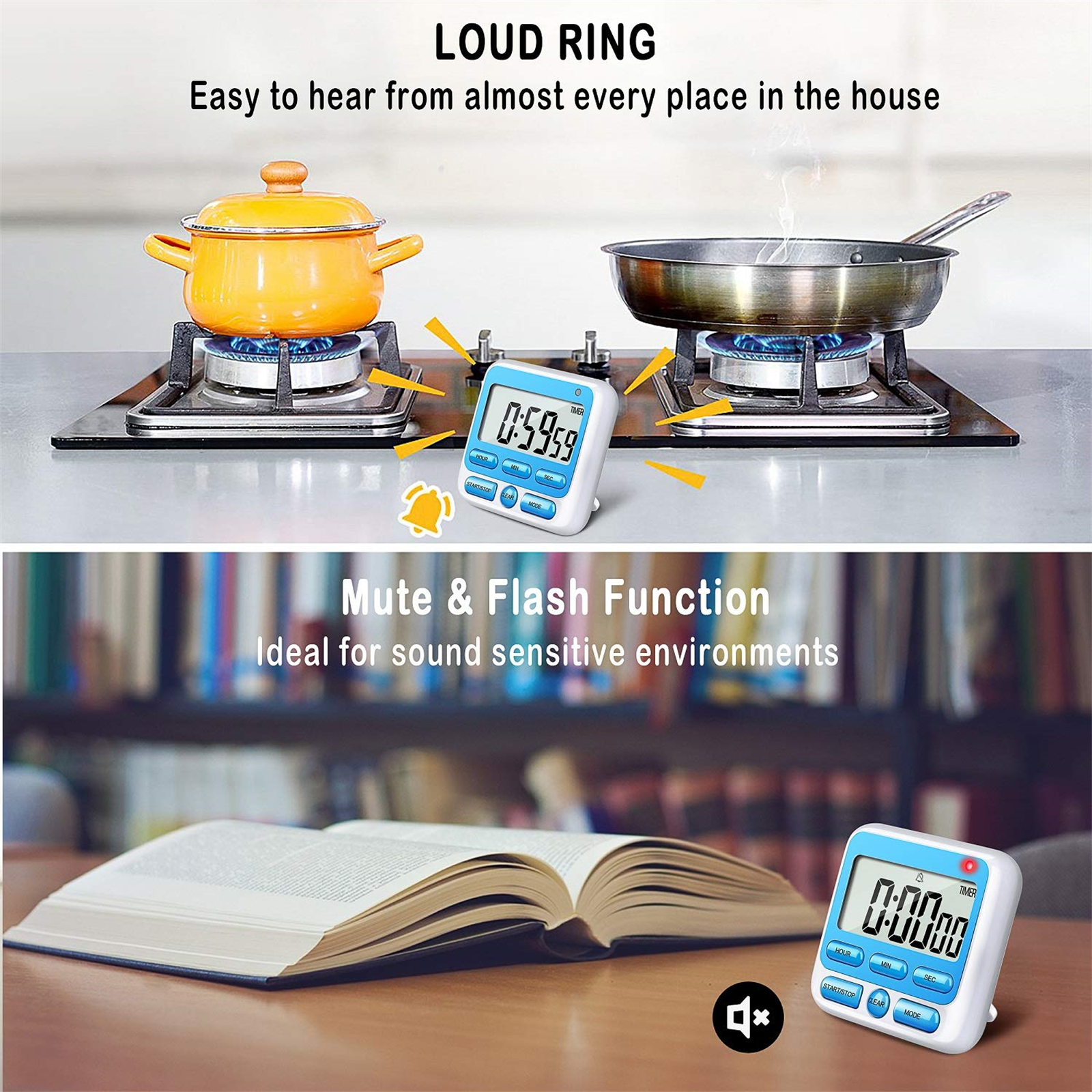 Zwei Timer, einer mit laufender Zeit und ein anderer, der stummgeschaltet ist. Das Bild zeigt eine Kochszene.