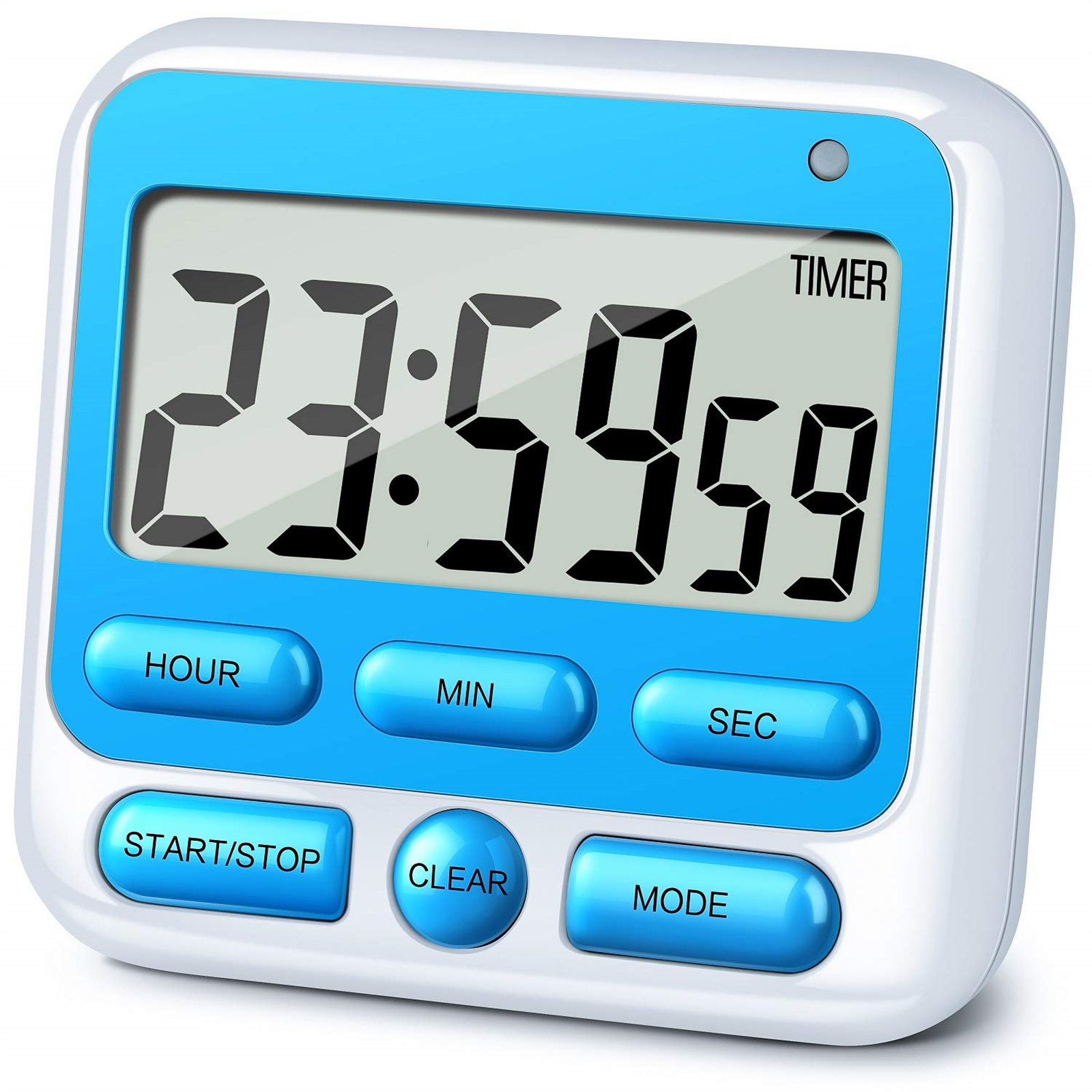 Blau-weißer digitaler Küchentimer mit Tasten für Stunde, Min., Sek., Start/Stopp, Löschen und Modus.