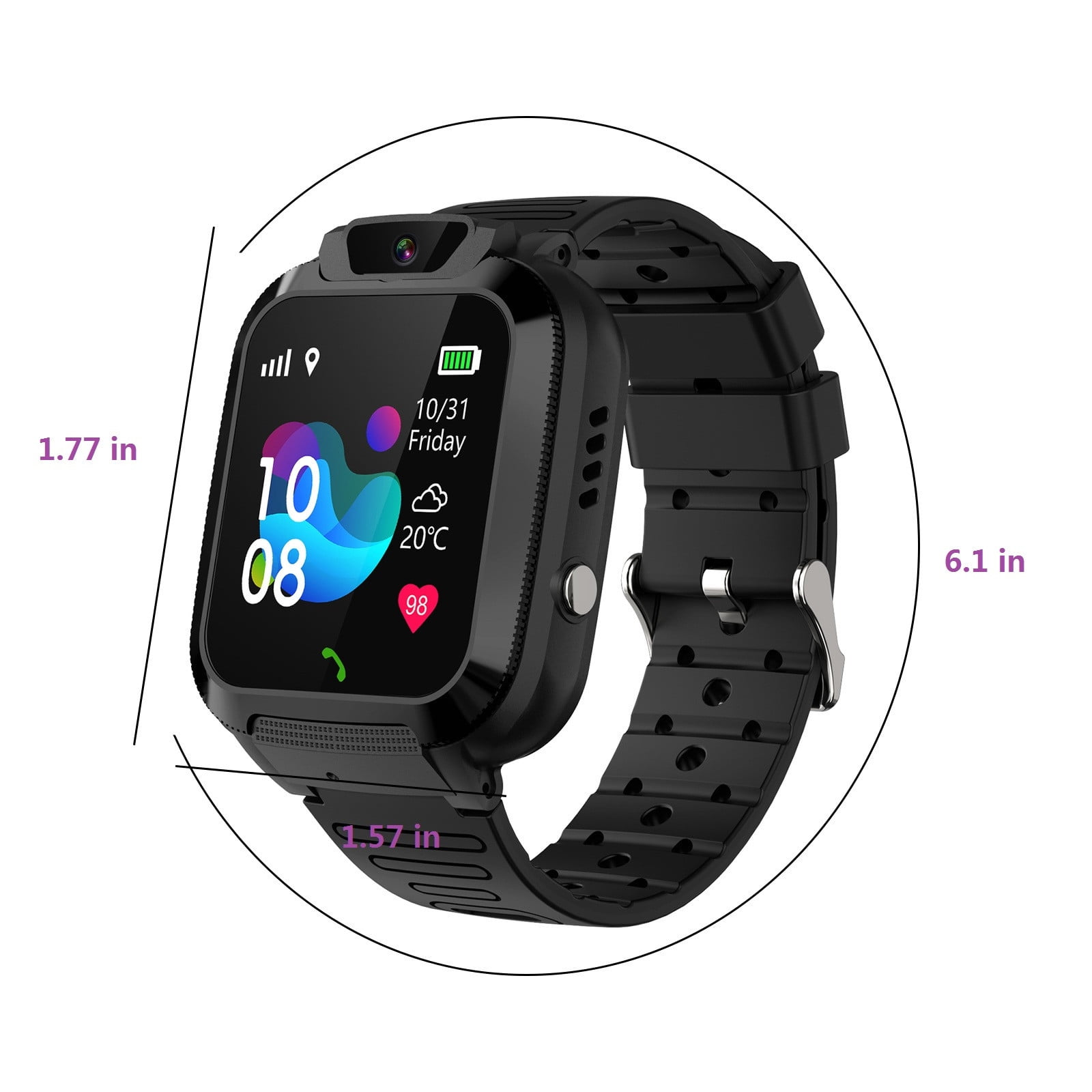 Schwarze Smartwatch mit Abmessungen: 1,77 Zoll Höhe und 6,1 Zoll Breite, zeigt Zeit und Datum an.