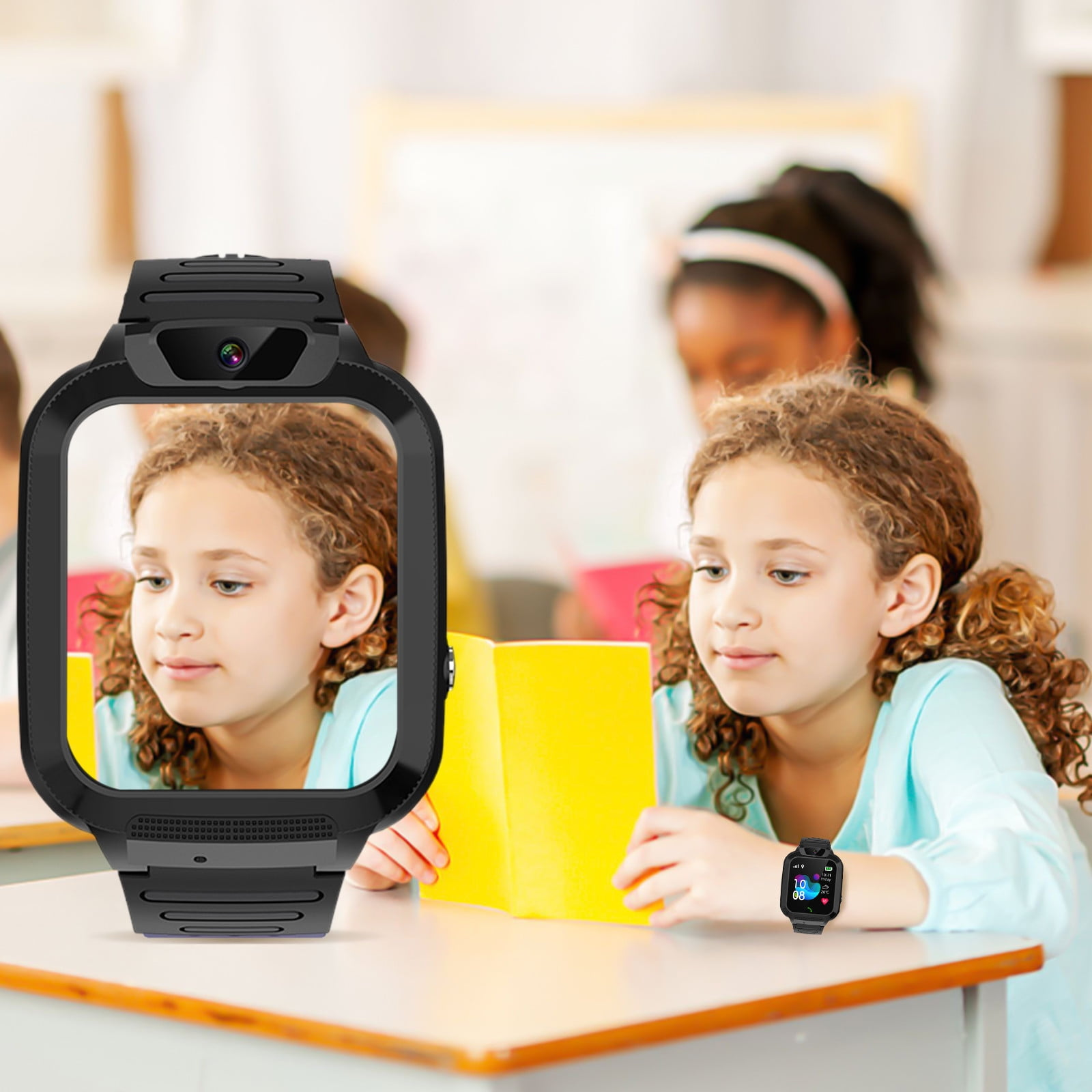 Zwei Mädchen mit Smartwatches. Die Uhr zeigt ein Bild des Mädchens an.