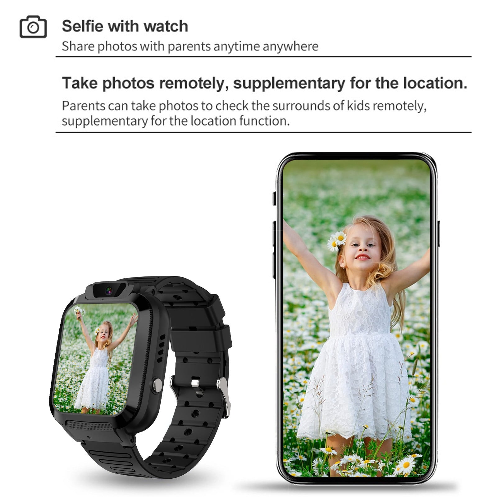 Kind mit Smartwatch, hält Blume. Smartphone zeigt Foto des Kindes. Schwarze Smartwatch mit Kamera.