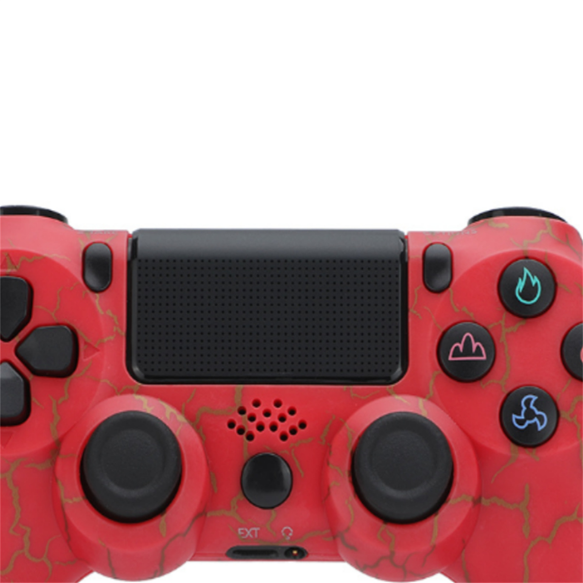 Roter PlayStation 4 Controller mit schwarzen Knöpfen. Strukturiertes Design mit goldenen Linien und schwarzer Mitte.