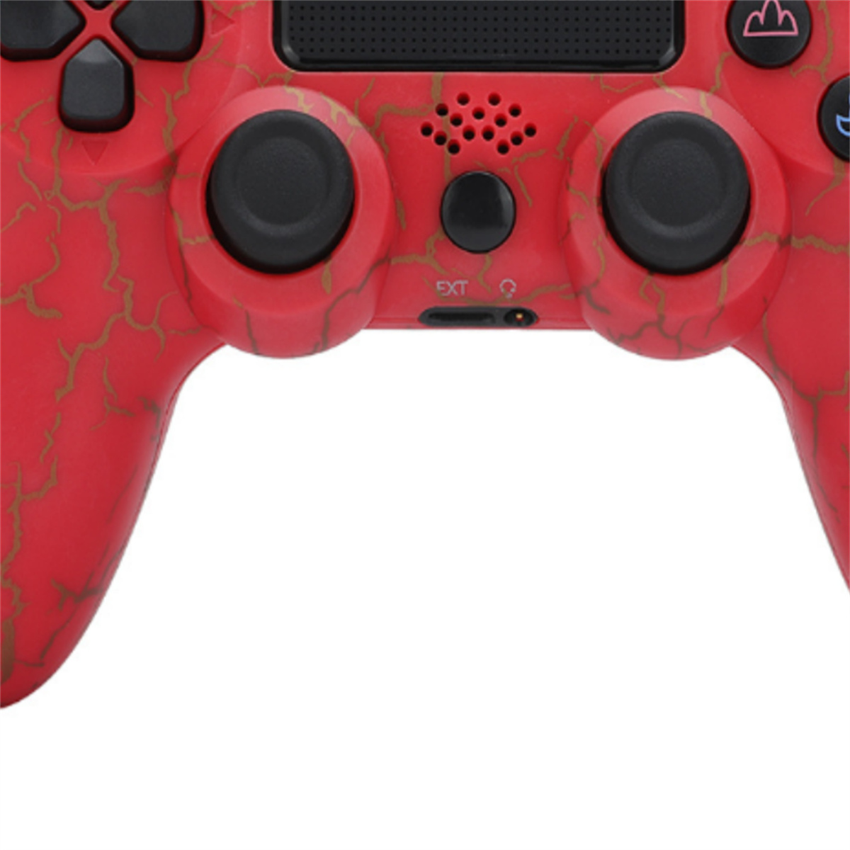 Roter Playstation-Controller mit schwarzen Knöpfen und goldenem Muster.
