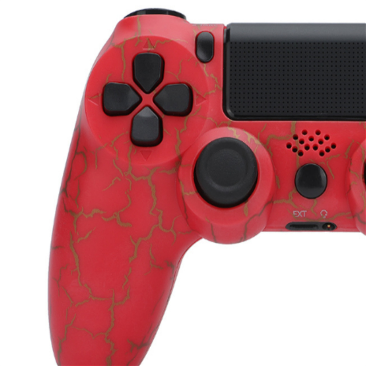 Ein rot-gold gemusterter Playstation 4-Controller, von oben gesehen, Tasten sichtbar.