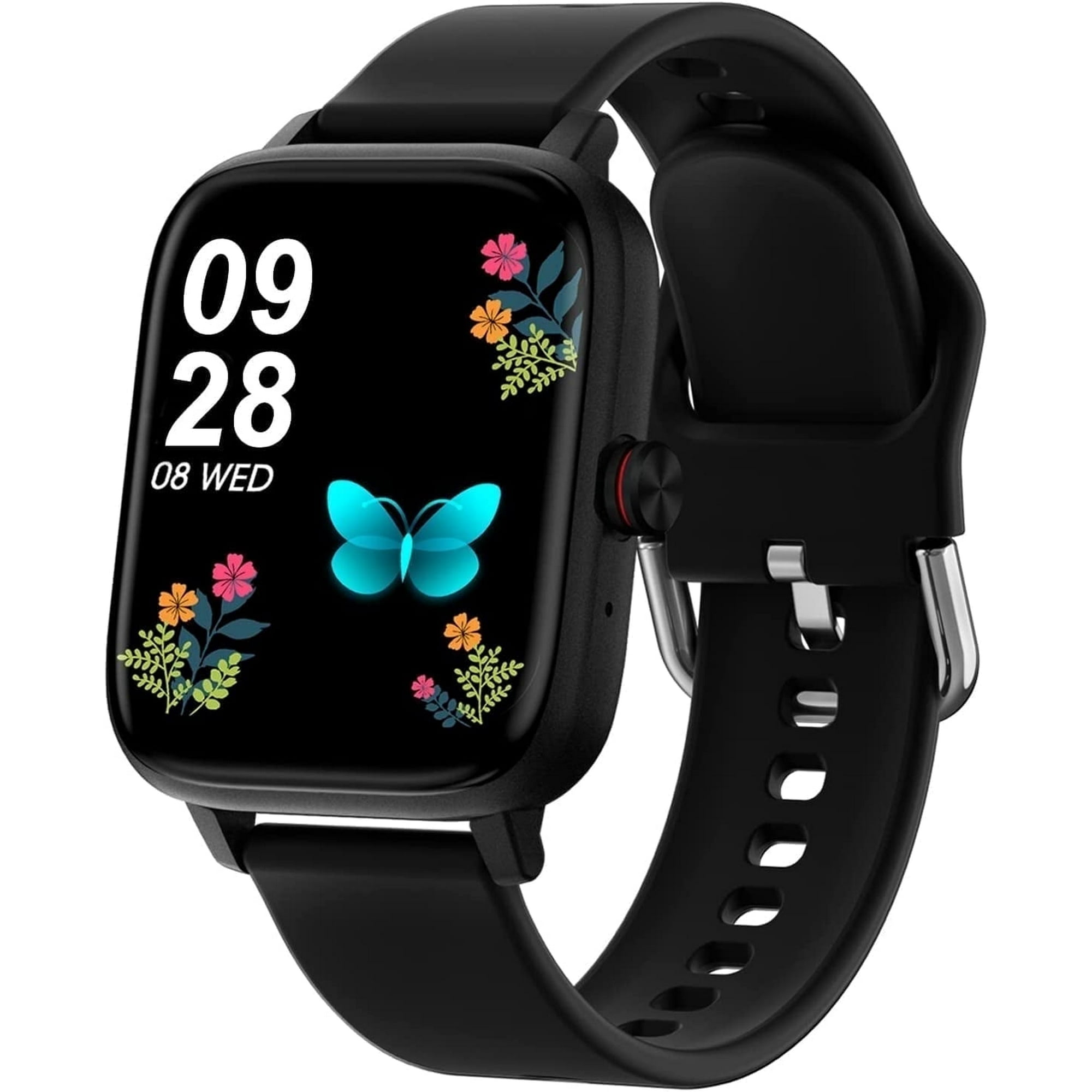 Schwarze Smartwatch mit schwarzem Armband. Zeigt die Uhrzeit und ein Schmetterlingsbild.