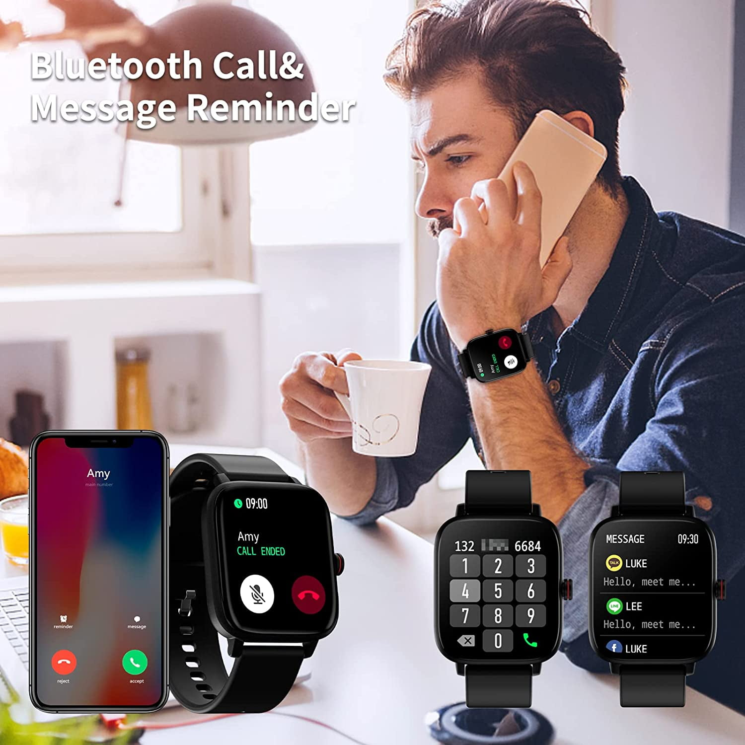 Mann telefoniert, mit Telefon und zwei Smartwatches, die Anrufe und Nachrichten anzeigen. Drinnen.