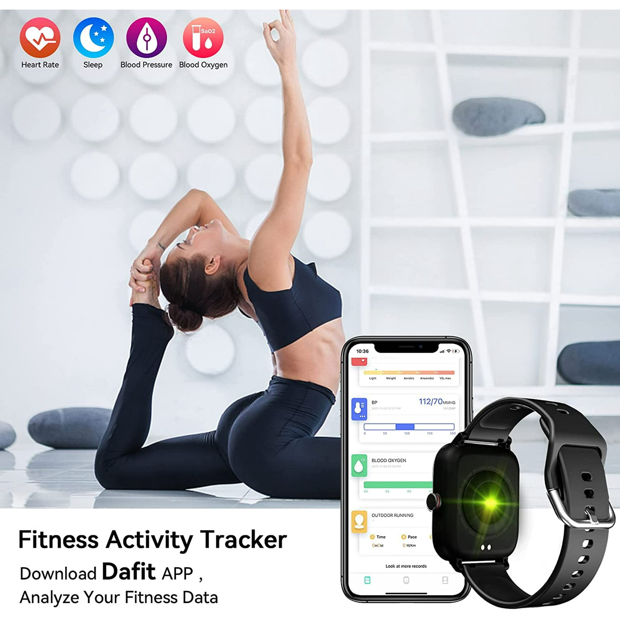 Frau macht Yoga mit Smartwatch, die Gesundheitsdaten auf dem Telefon zeigt.