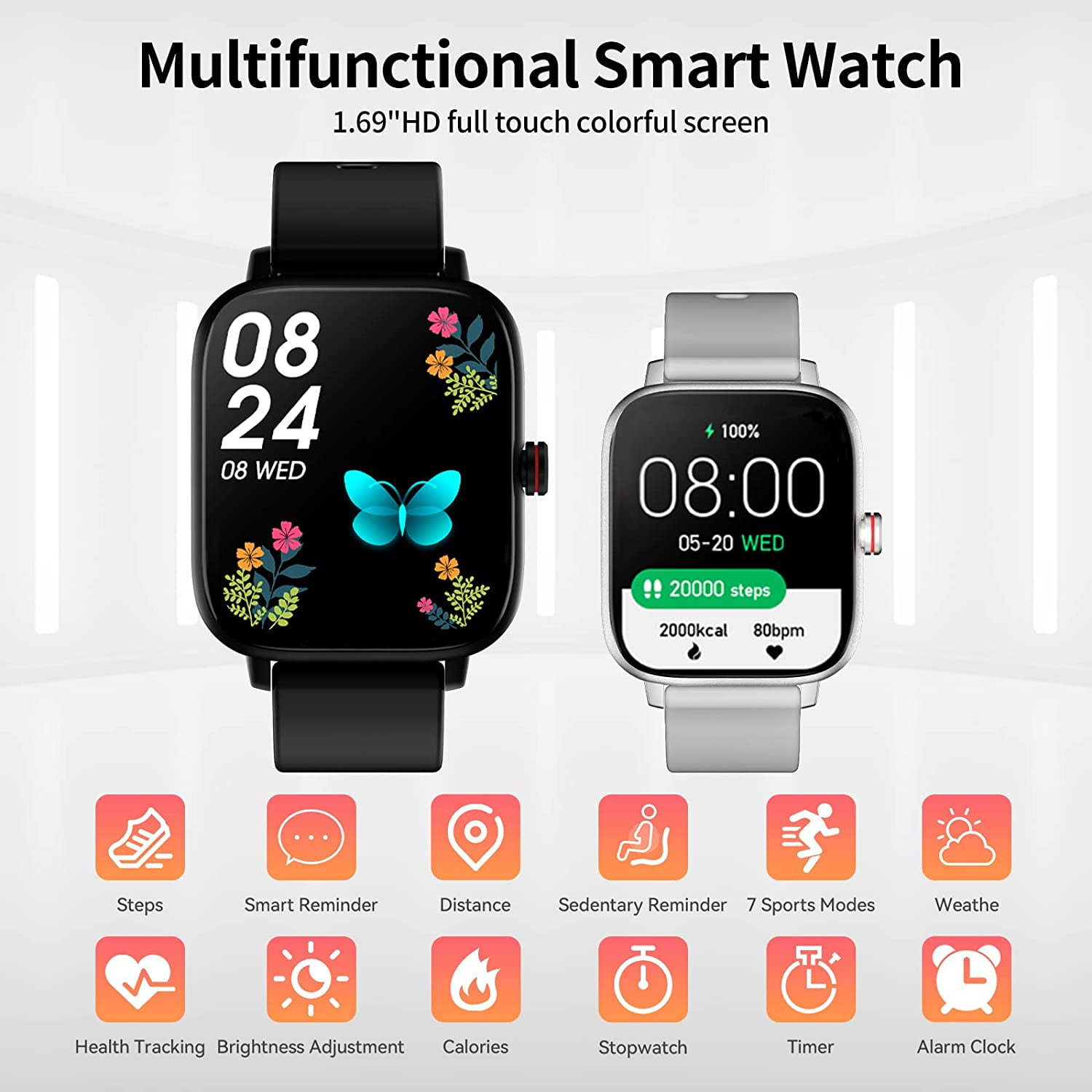 Zwei Smartwatches, eine zeigt Zeit und Schritte, die andere App-Symbole.