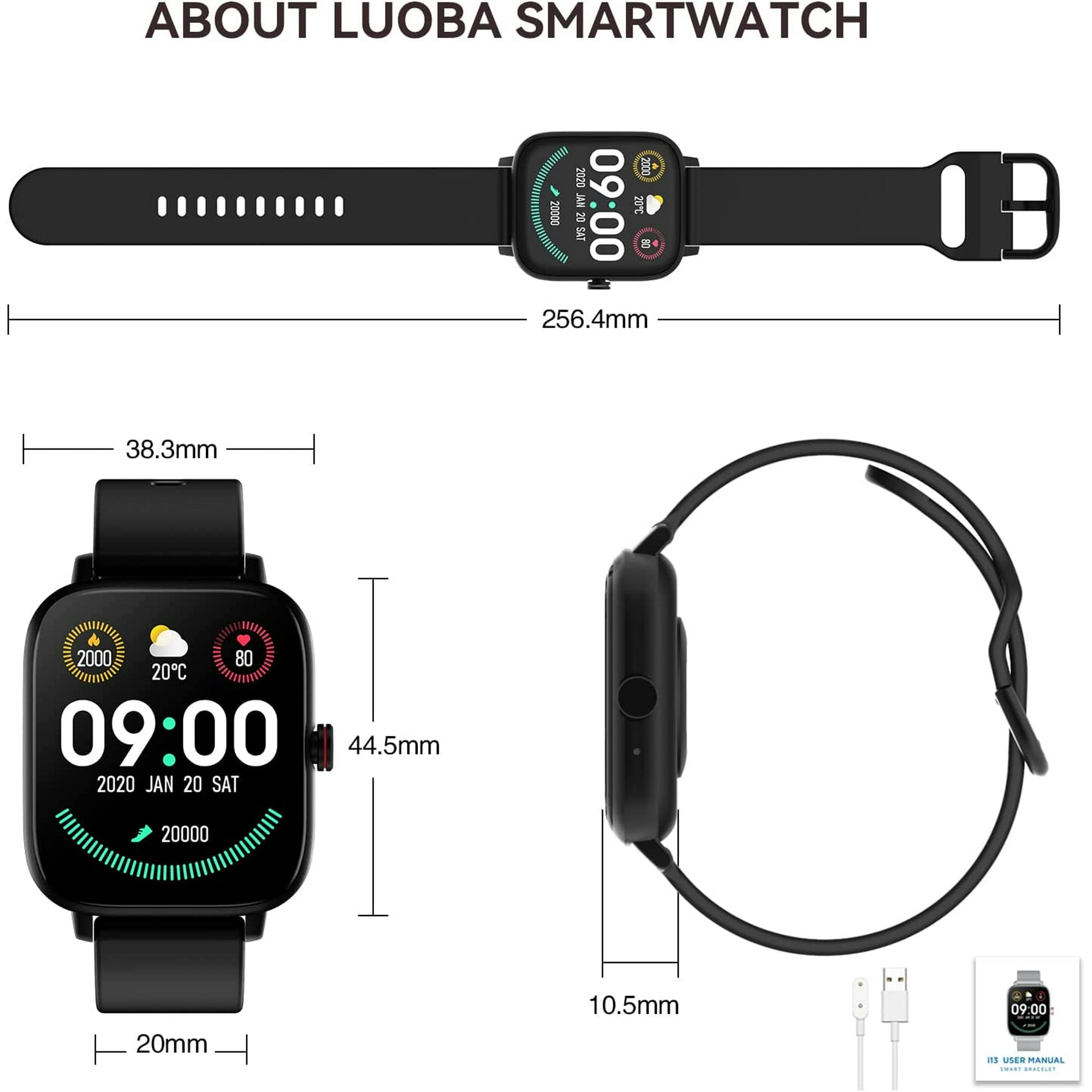 Schwarze Smartwatch mit Maßen. Zeigt Zeit und Gesundheitsdaten. Schwarzes Band. Weißer Hintergrund.