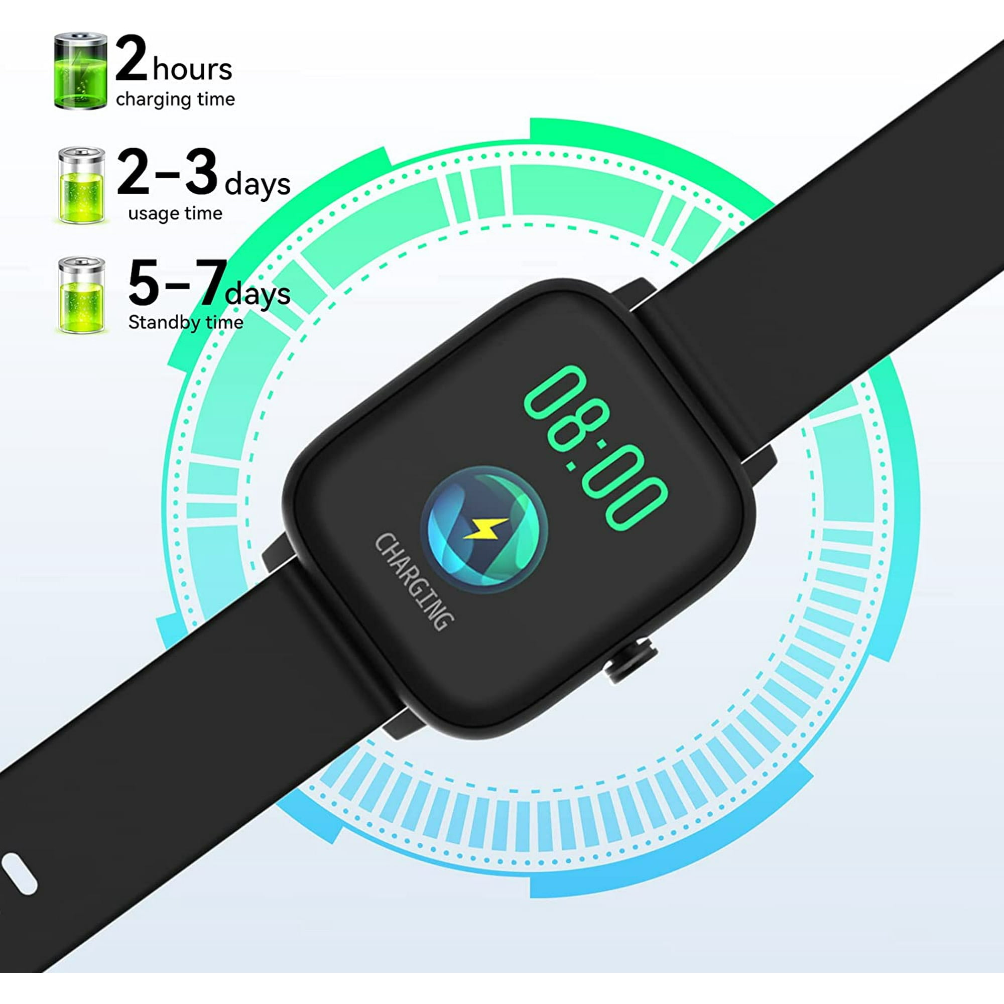 Schwarze Smartwatch wird geladen. Zeigt das Laden des Akkus und die Uhrzeit.