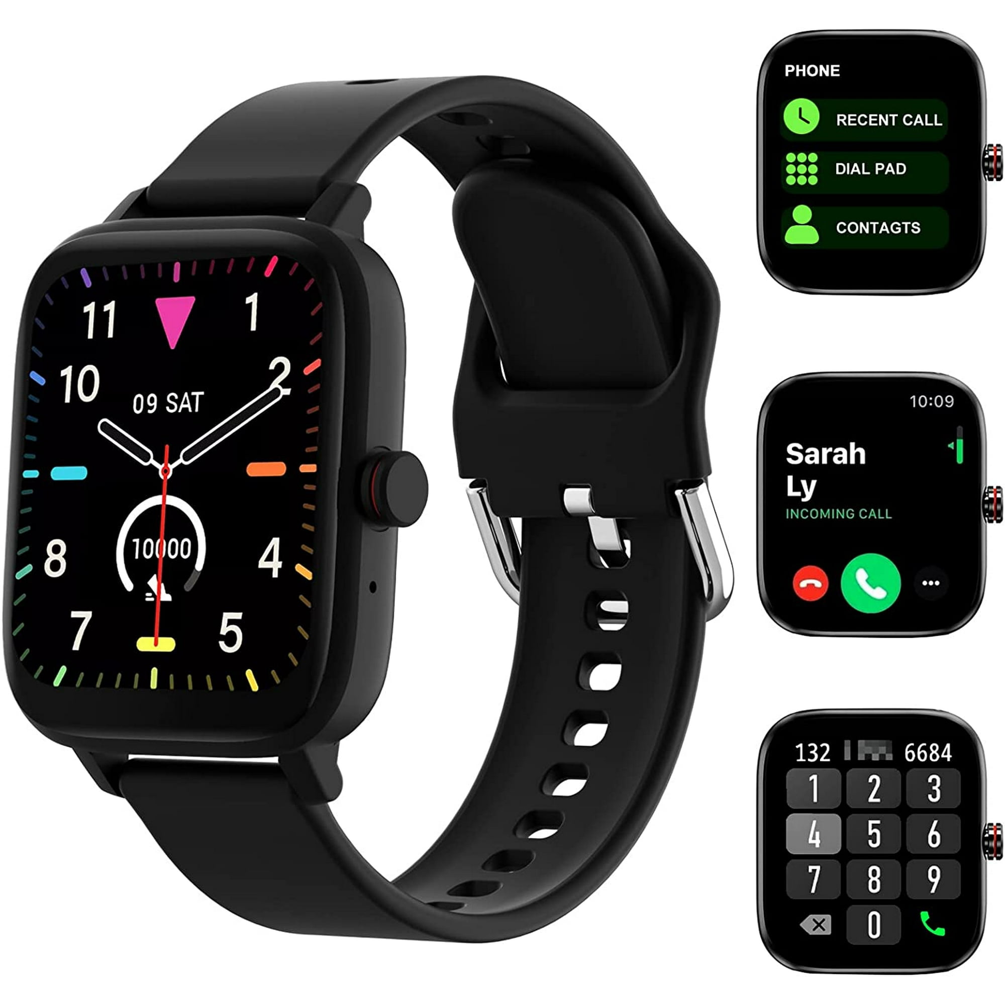 Schwarze Smartwatch, die Telefonfunktionen anzeigt. Zeigt Zeit, Datum, Schrittzahl und Telefonkontakte und Wähltastenfeld an.