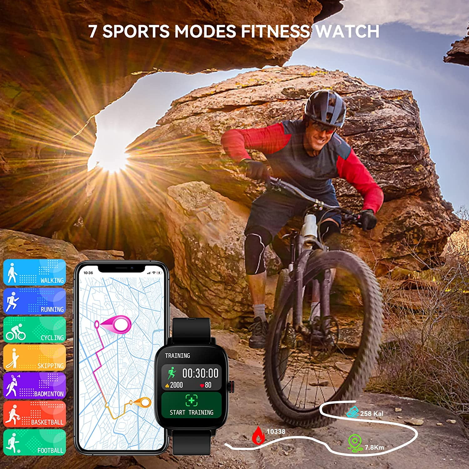 Ein Mann fährt in der Natur Fahrrad mit Smartwatch und Telefon, die Trainingsstatistiken und Sportmodi zeigen.