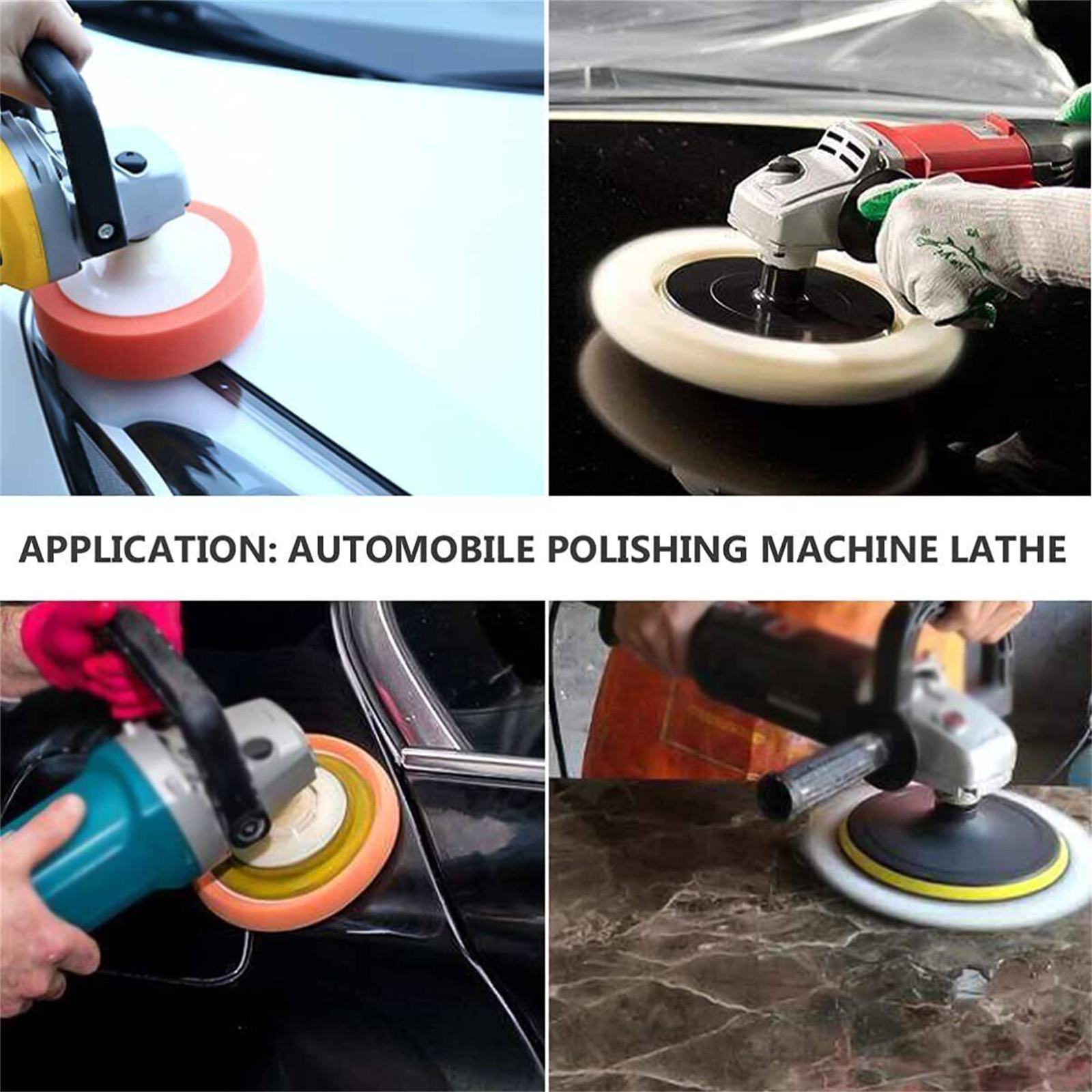 Vier Bilder, die verschiedene Anwendungen einer Autopolier-Maschine zeigen.