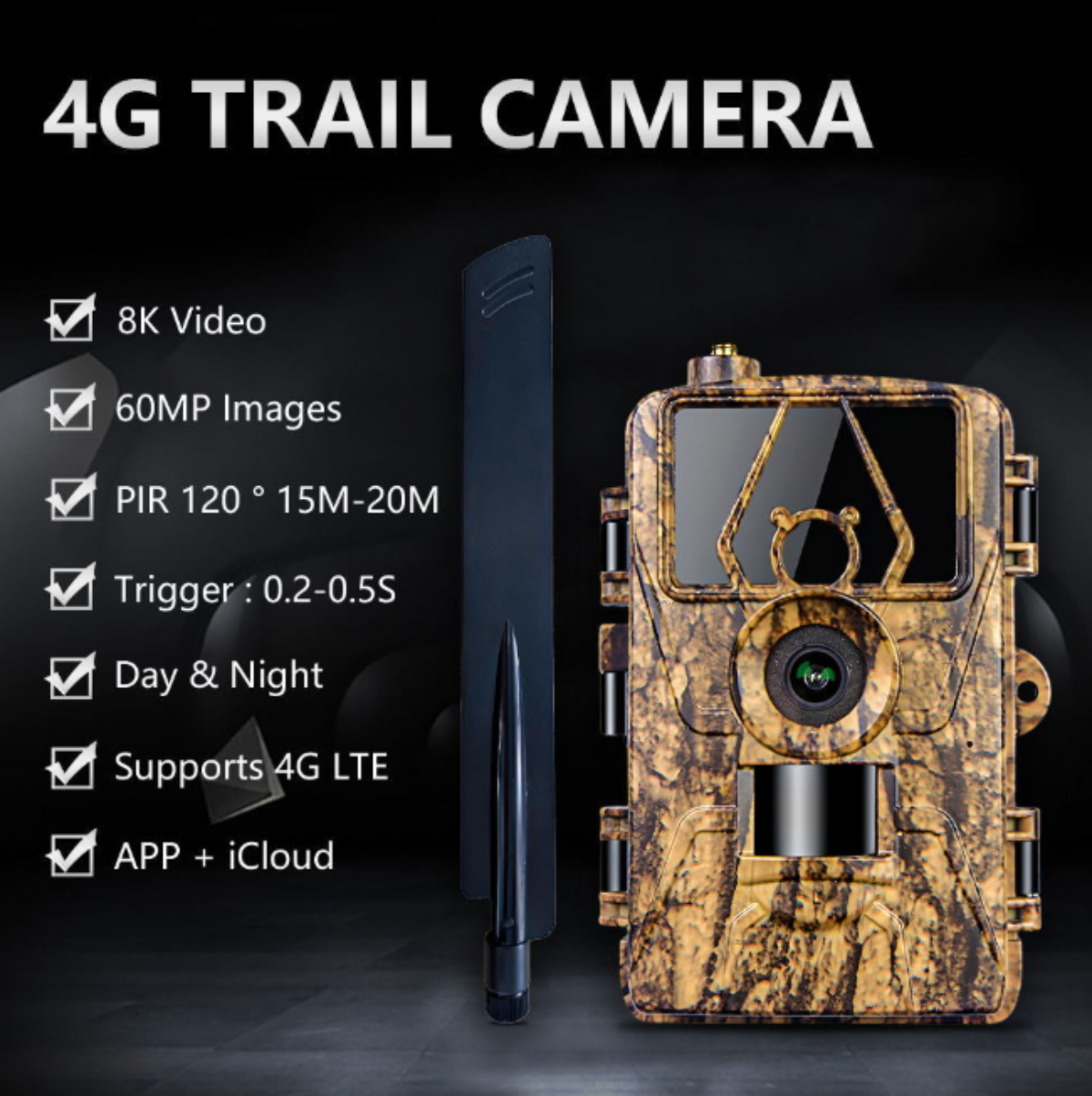 Eine tarnfarbene 4G-Wildkamera mit schwarzer Antenne und Funktionen, die links aufgelistet sind.