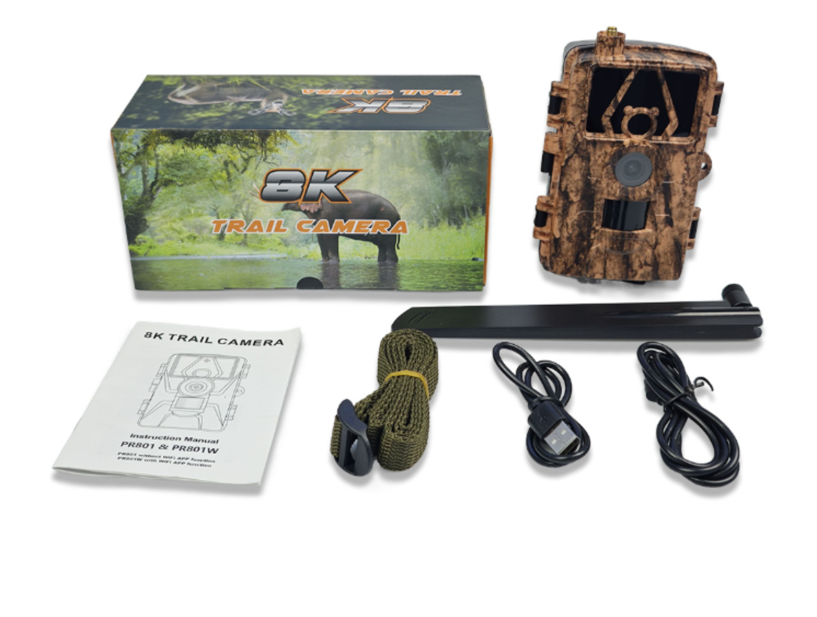 Wildkamera-Kit mit Kamera, Box, Kabeln, Gurt und Bedienungsanleitung.