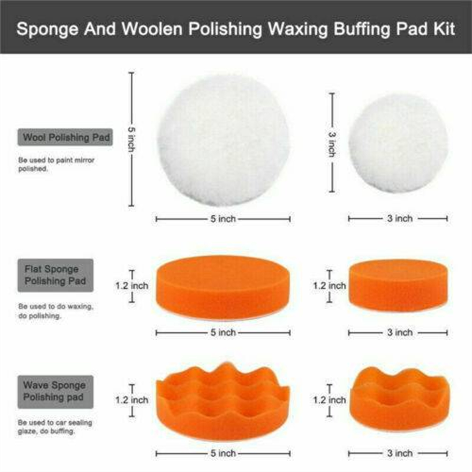 Schwamm- und Wollpolierscheiben. Verschiedene Formen und Größen, orange und weiß.