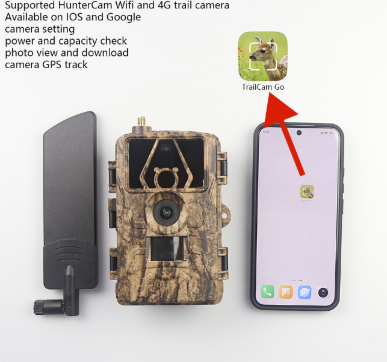 Wildkamera und Telefon mit App. Texte erwähnen Funktionen wie WLAN, Kameraeinstellung und GPS.
