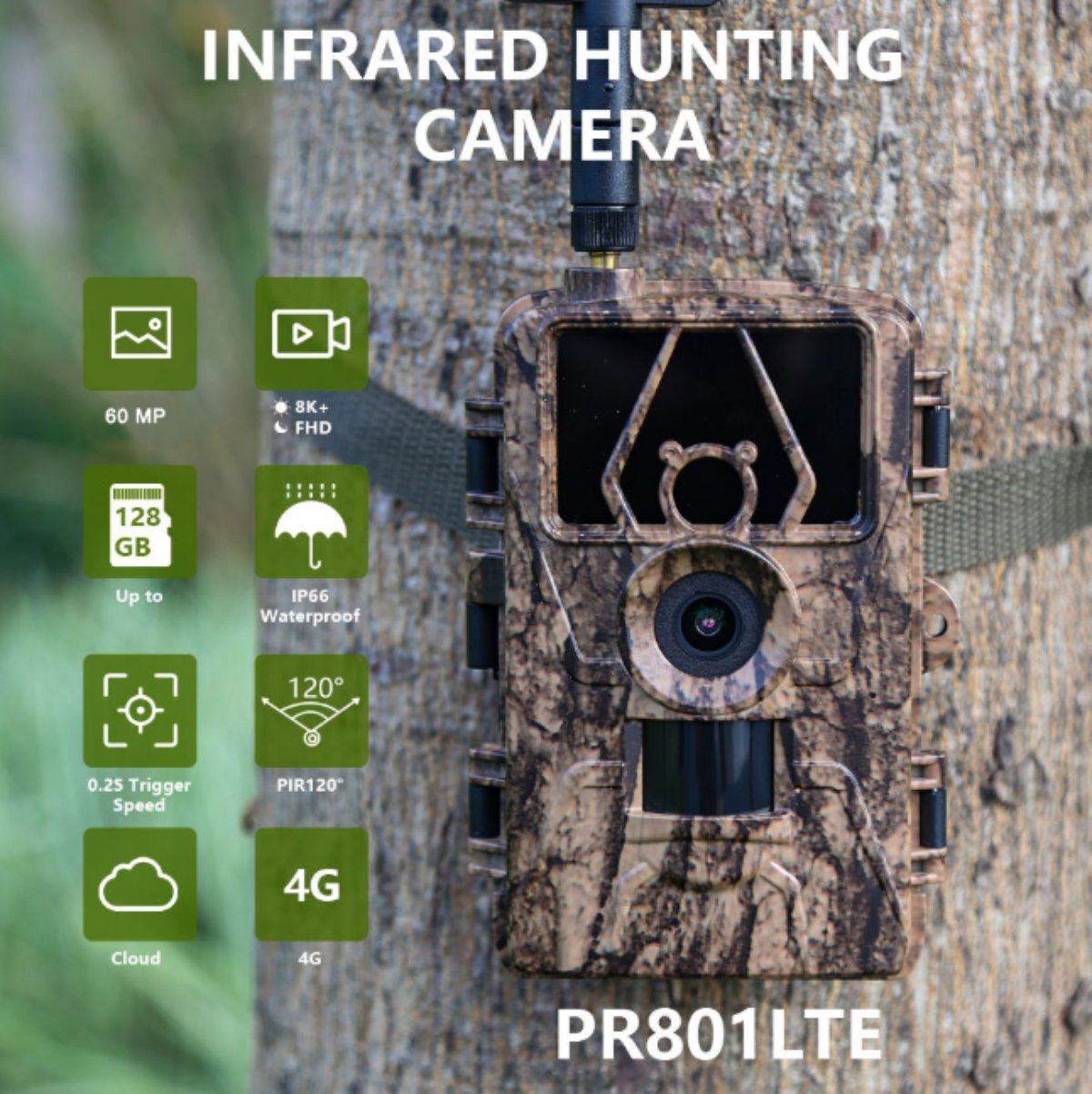 Tarnfarbene Jagdkamera mit Symbolen: 60 MP, 4G, 120° und Text: PR801LTE.