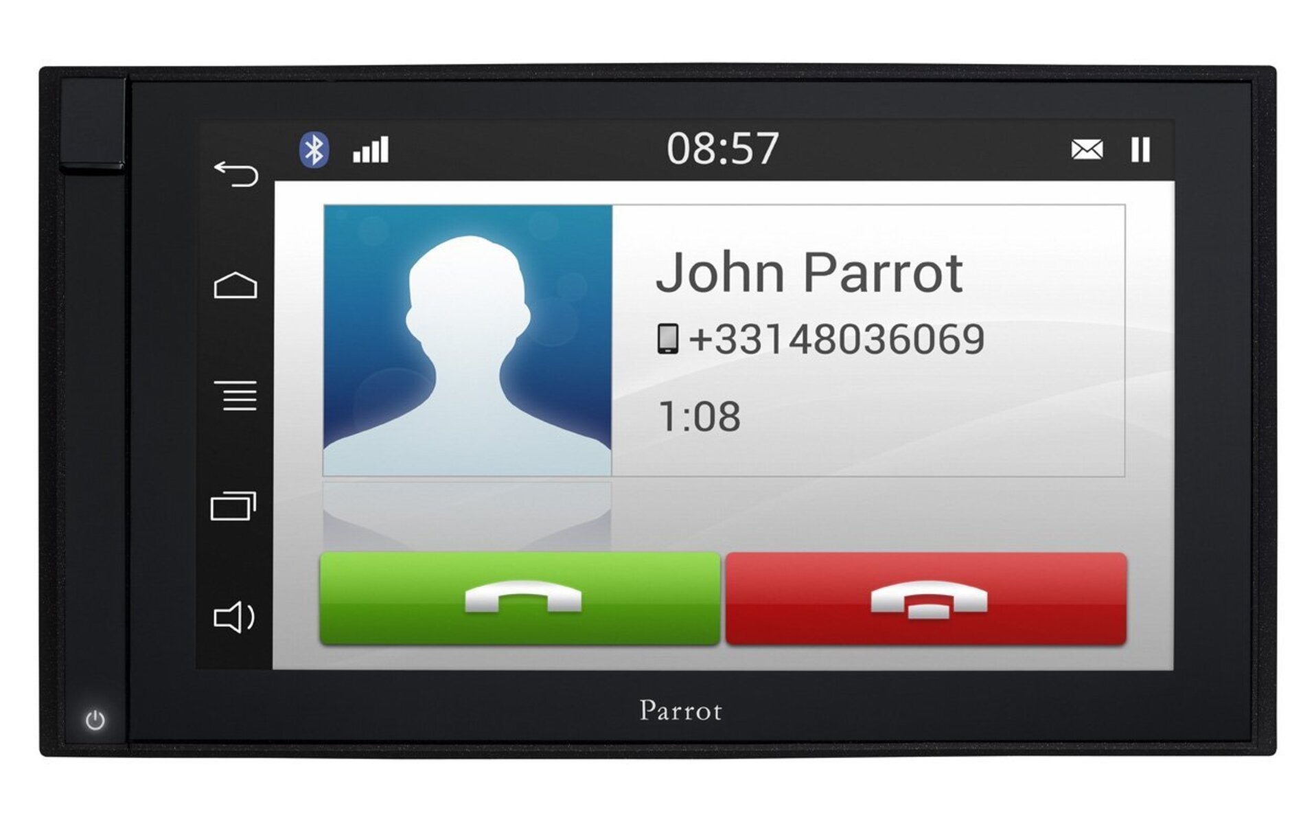 Autobildschirm mit einem Anruf von John Parrot, mit Nummer und Anrufdauer.