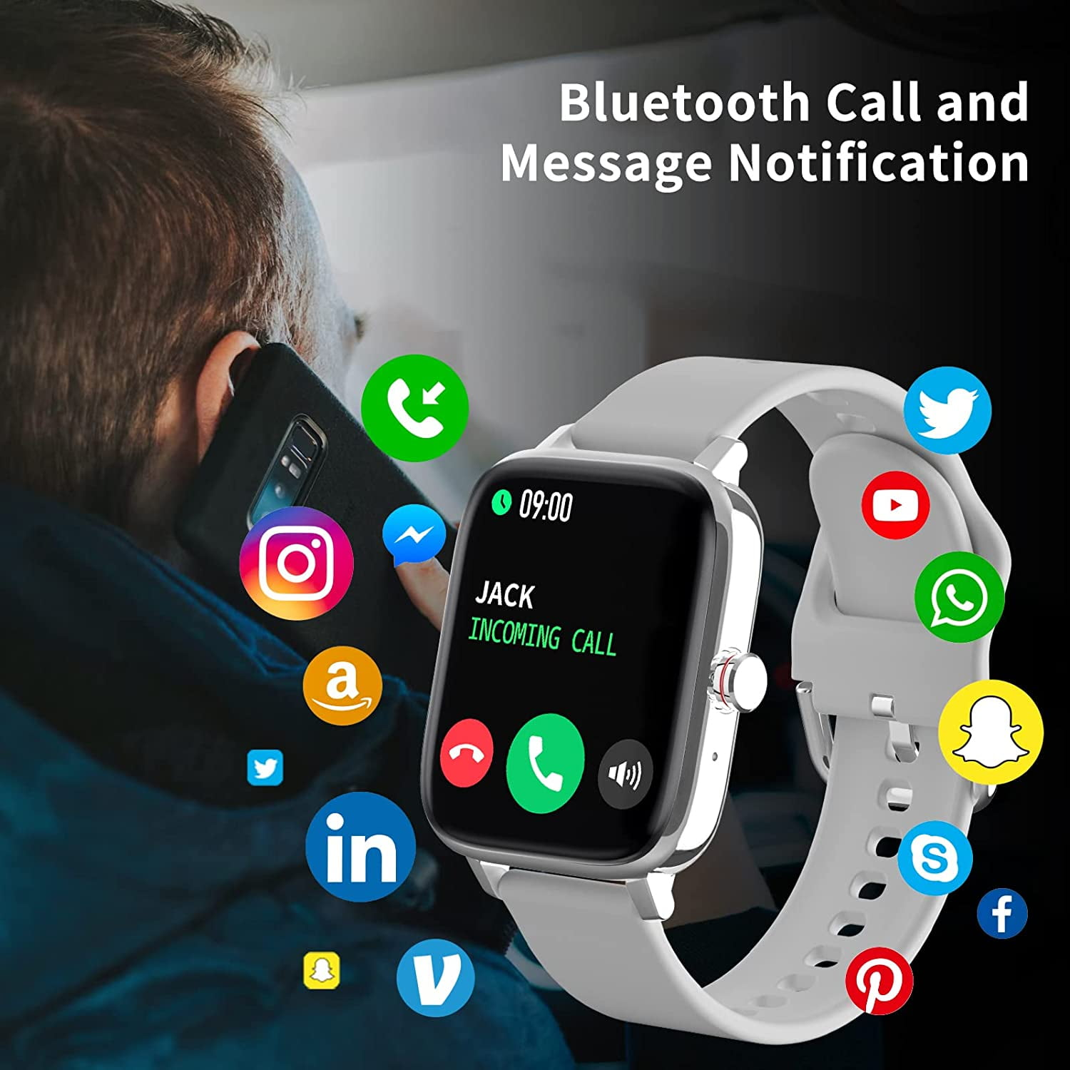 Smartwatch mit eingehender Anrufbenachrichtigung, Social-Media-Symbolen und Person im Hintergrund.