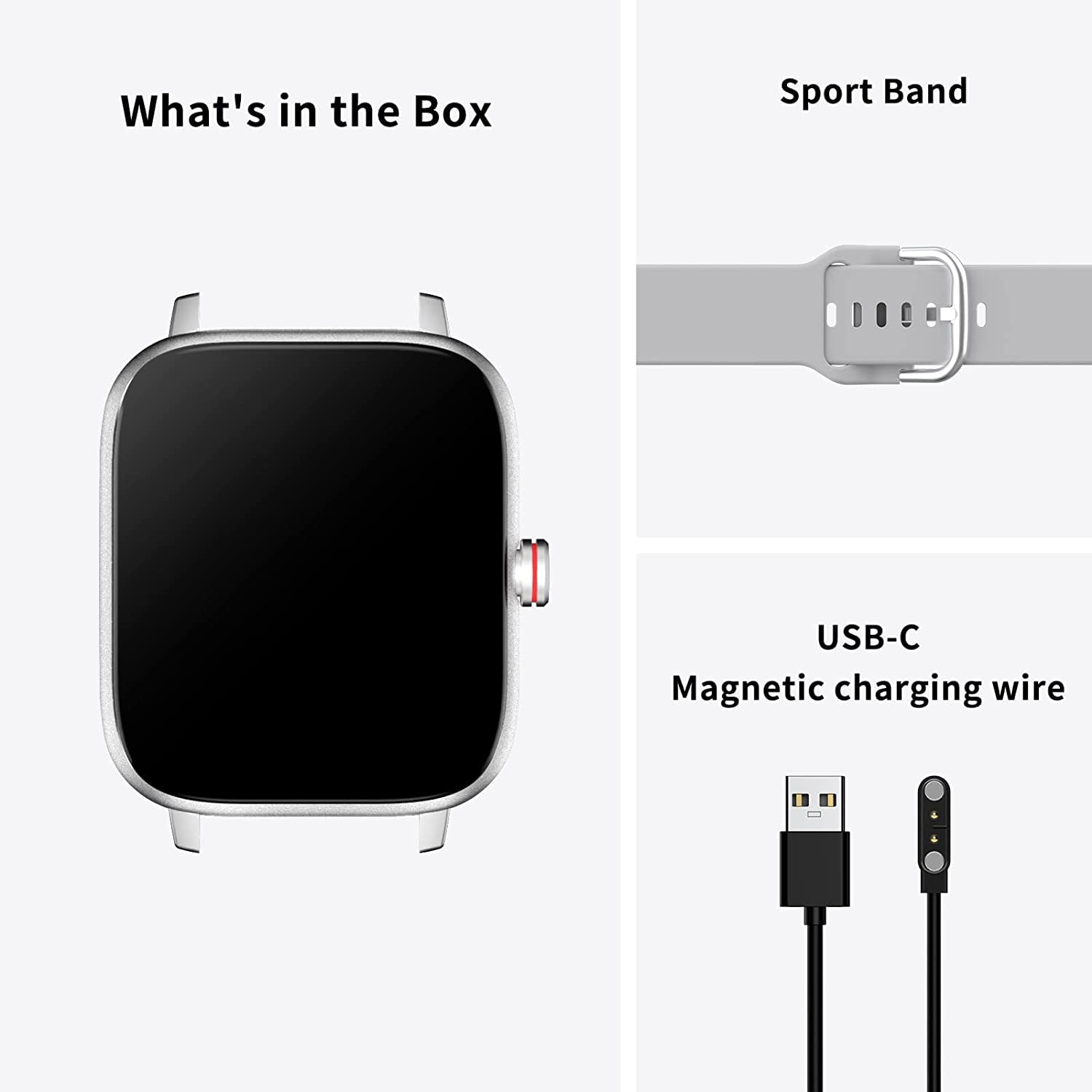 Smartwatch mit schwarzem Bildschirm, Sportarmband und USB-C-Ladekabel-Komponenten.